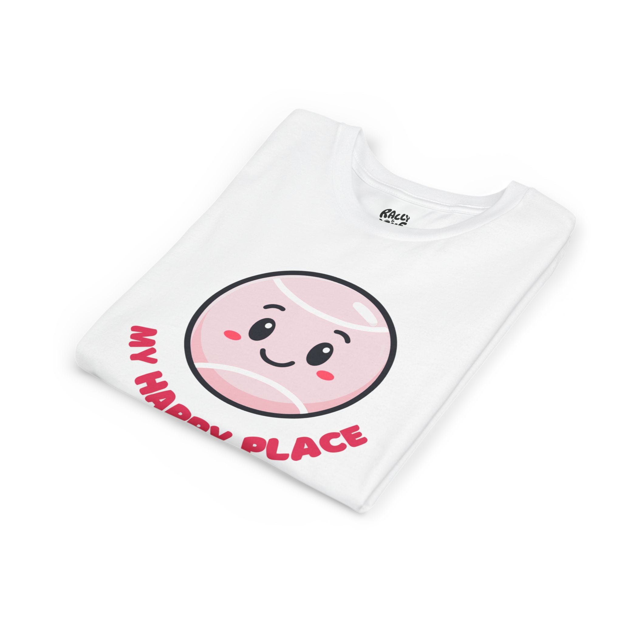 Girl's Junior Tee — Cute Smiling Tennis Ball "My Happy Place" Kids Shirt