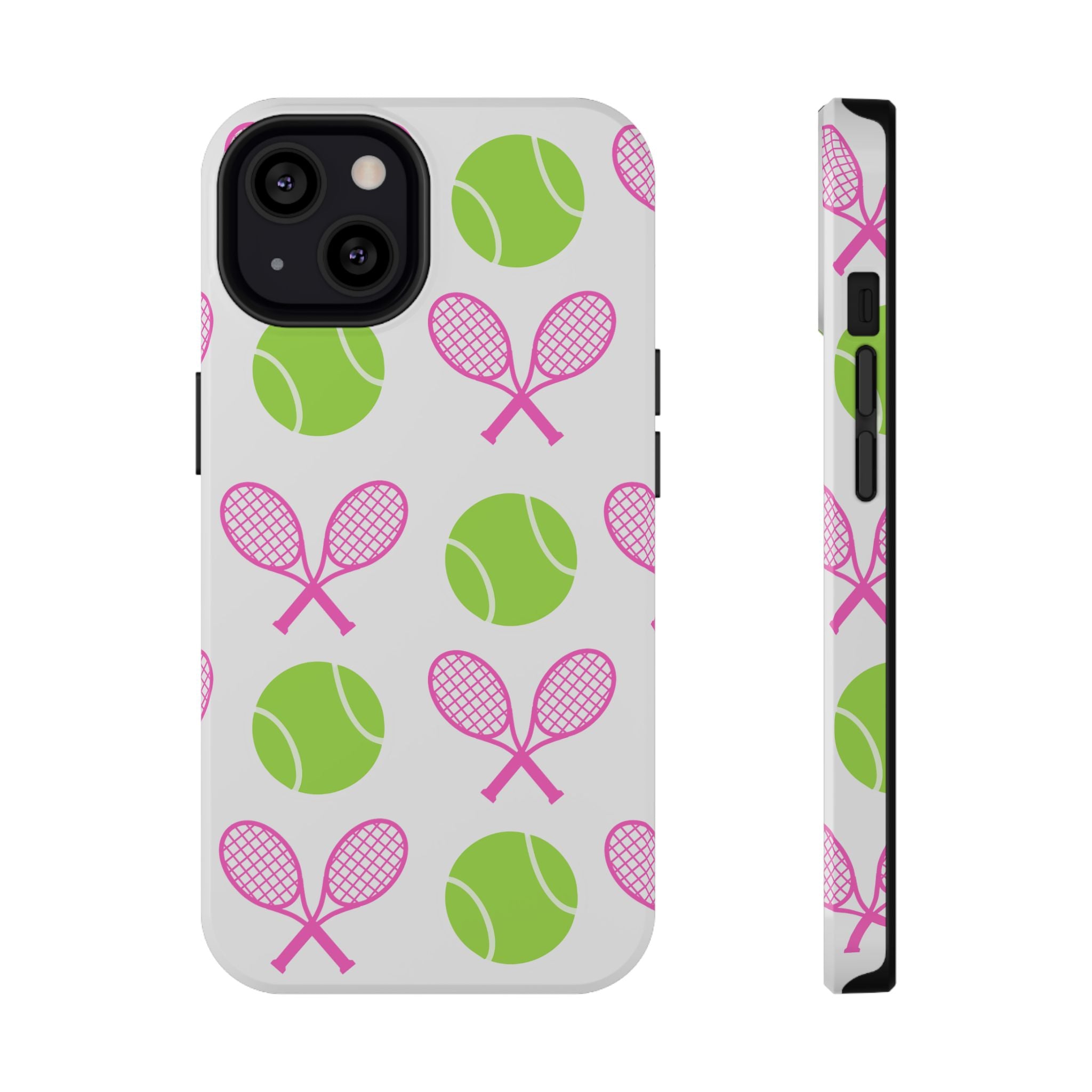 Tennis Pattern Impact-Resistant Phone Case — Pink Rackets & Green Balls