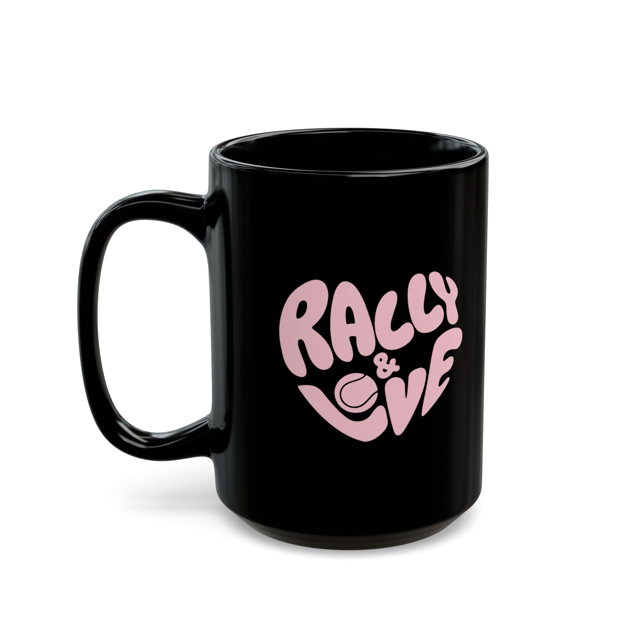 Black Mug (11oz, 15oz) - pink 'Rally & Love' logo