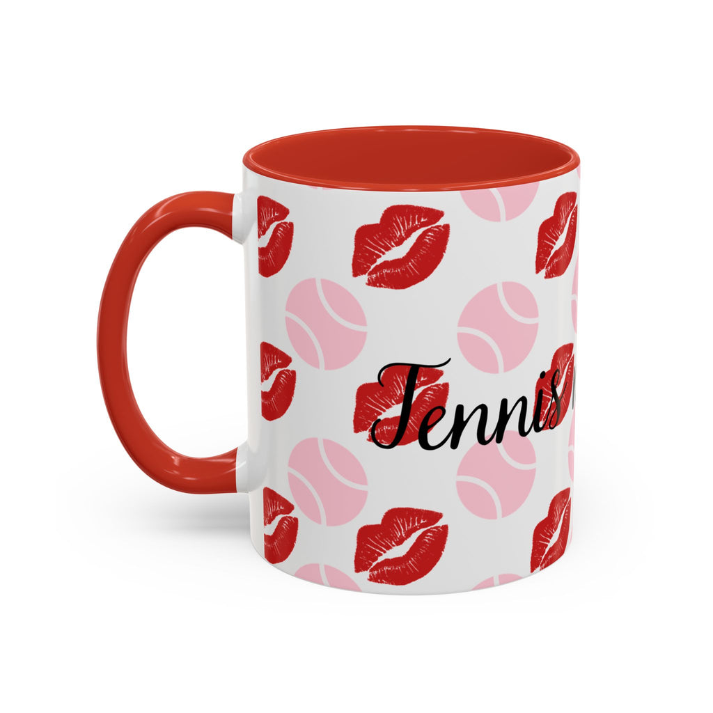 Tennis Kiss Accent Coffee Mug — 'Tennis mi amore' Pink Lip & Ball Pattern (11/15oz)