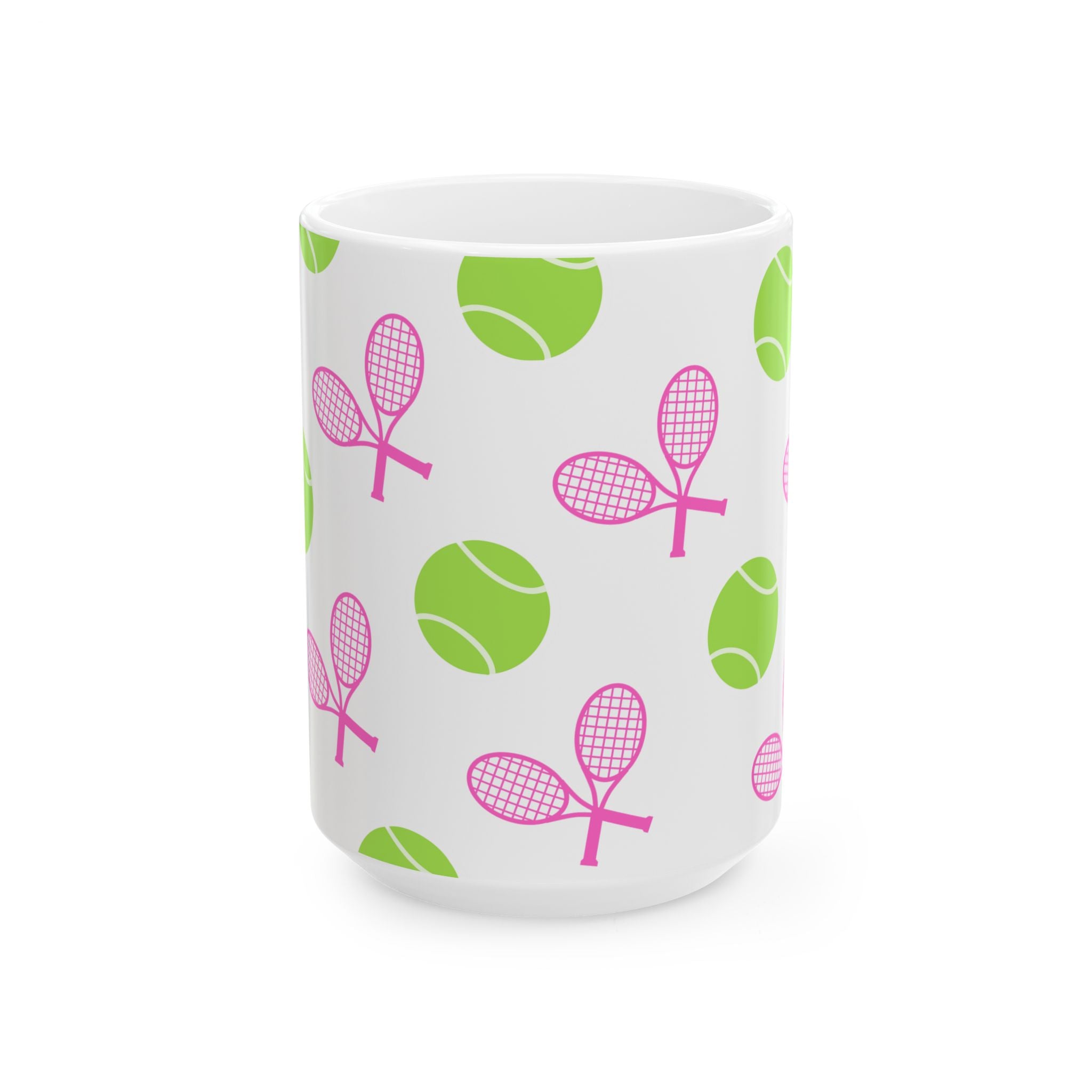 Pink/Green Tennis Racket & Ball Ceramic Mug — 11oz/15oz Sports Gift