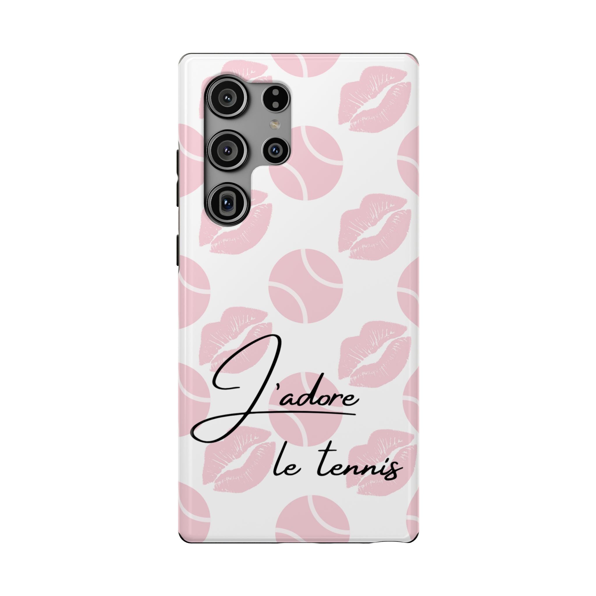 Impact-Resistant Phone Case - 'J'adore le tennis', pink tennis balls/lips