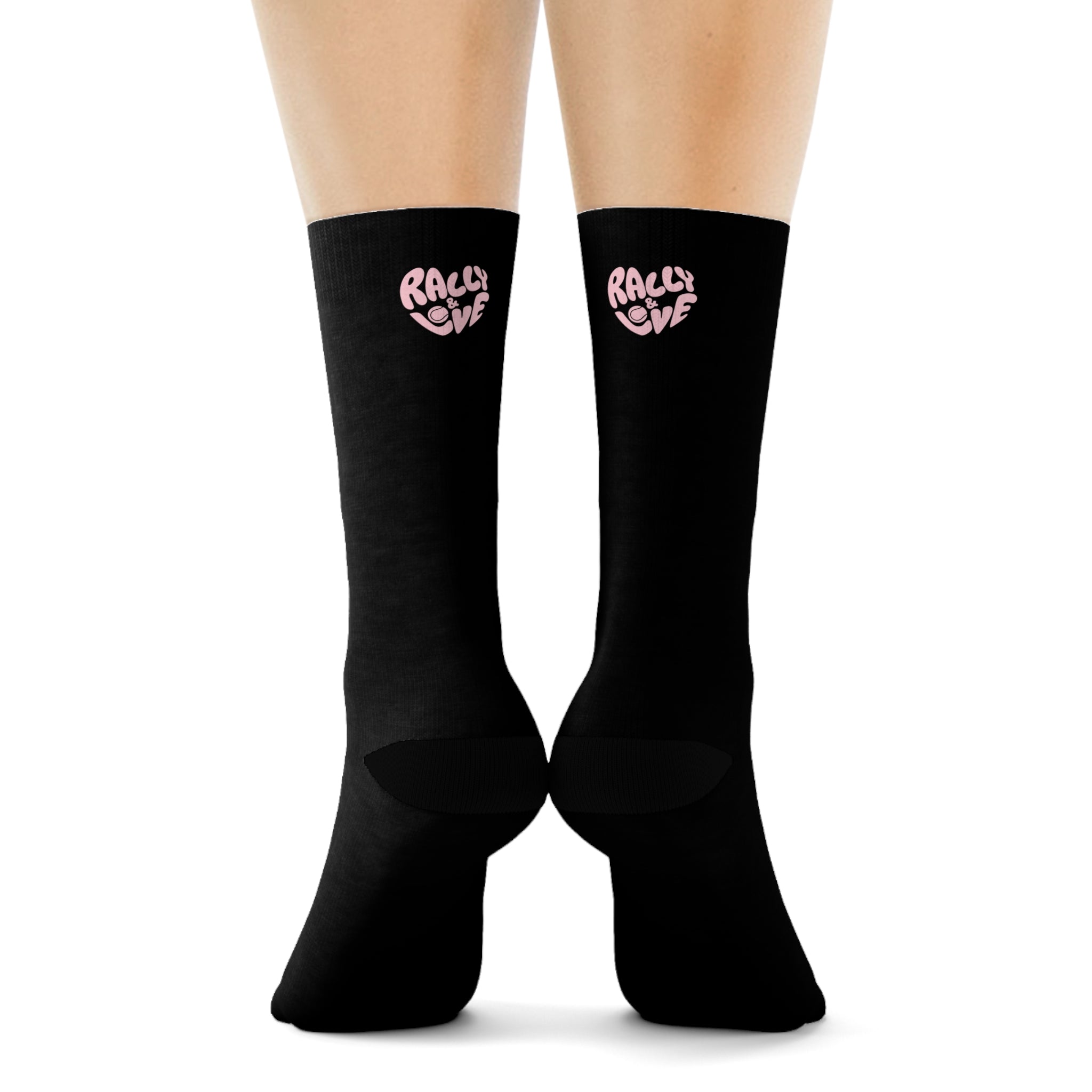 Women's Socks — Black/'Rally & Love' Pink Heart Graphic Cotton Crew Socks