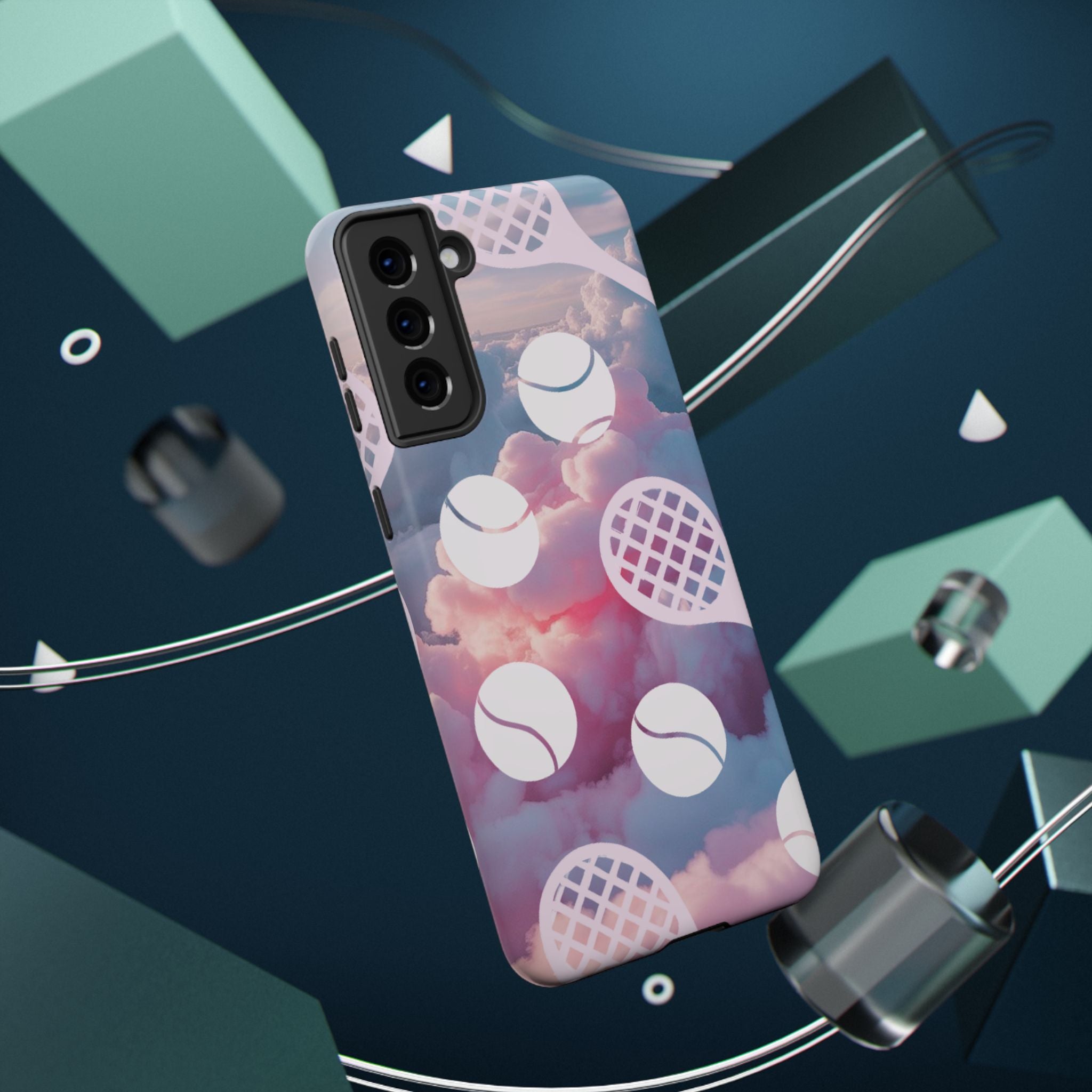 Tennis Impact-Resistant Phone Case — Tennis Rackets & Balls on Cloudscape
