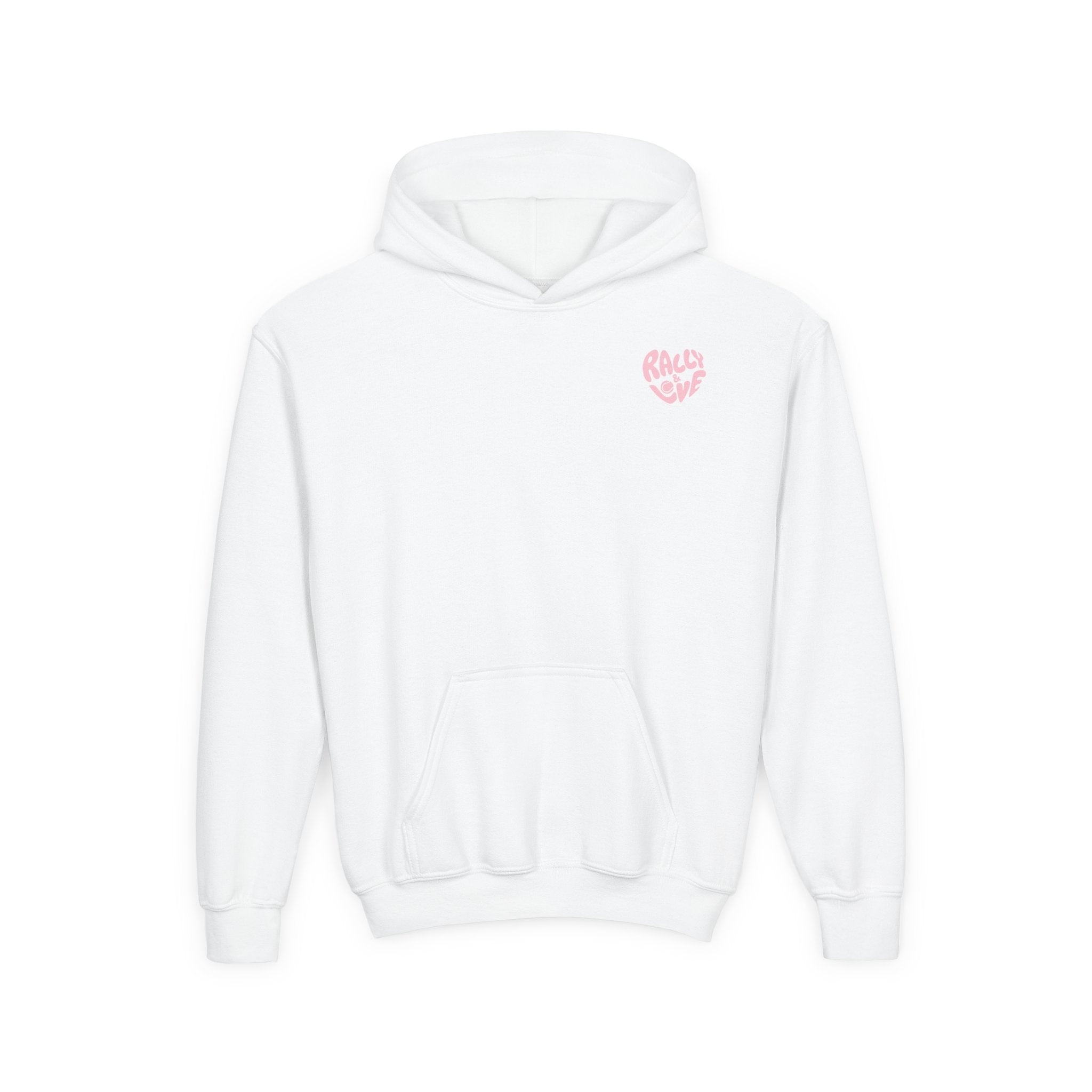 Girl's Junior Hoodie sweatshirt — "Rally & Love" Heart Chest Tennis Graphic Sweatshirt (Pink logo)