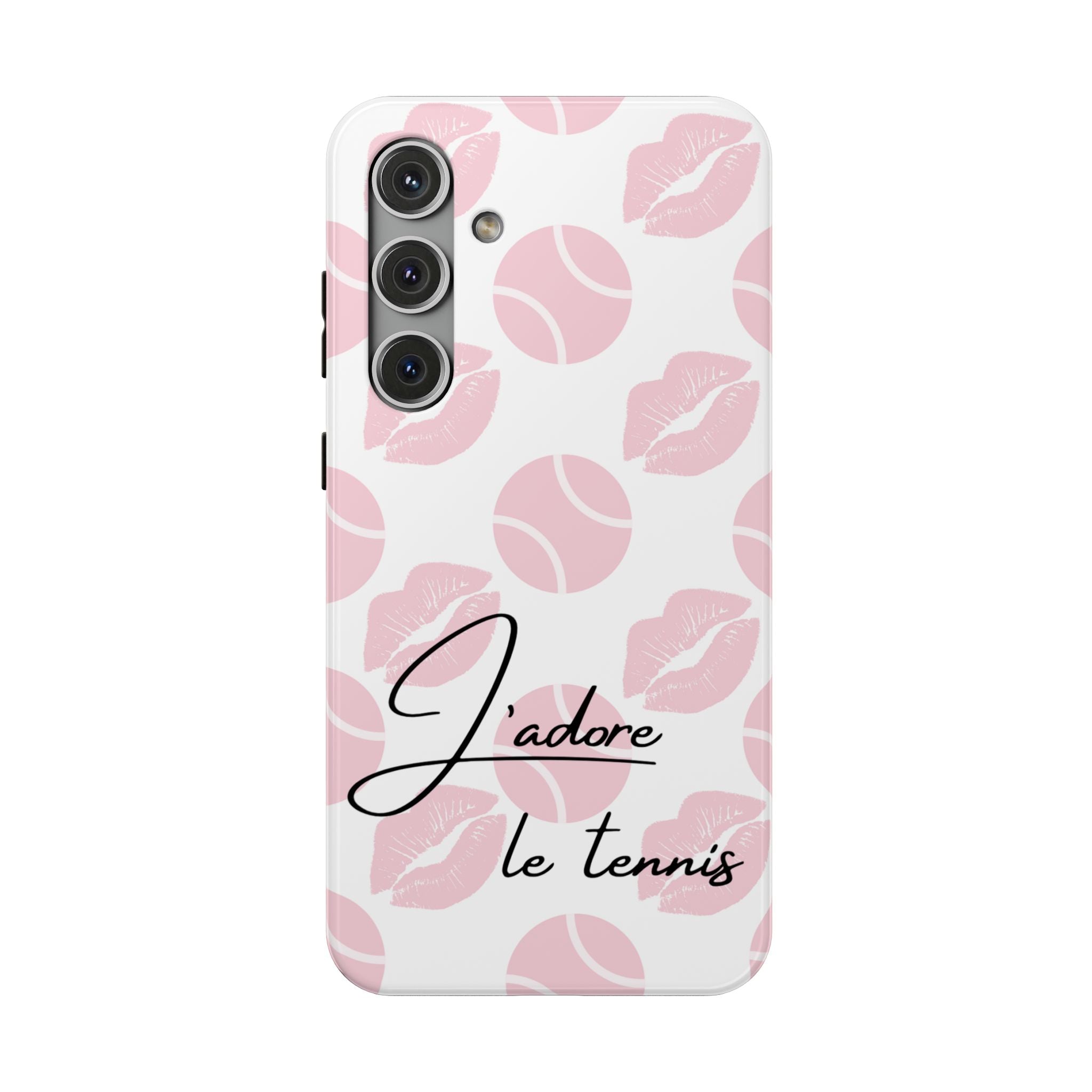 Impact-Resistant Phone Case - 'J'adore le tennis', pink tennis balls/lips