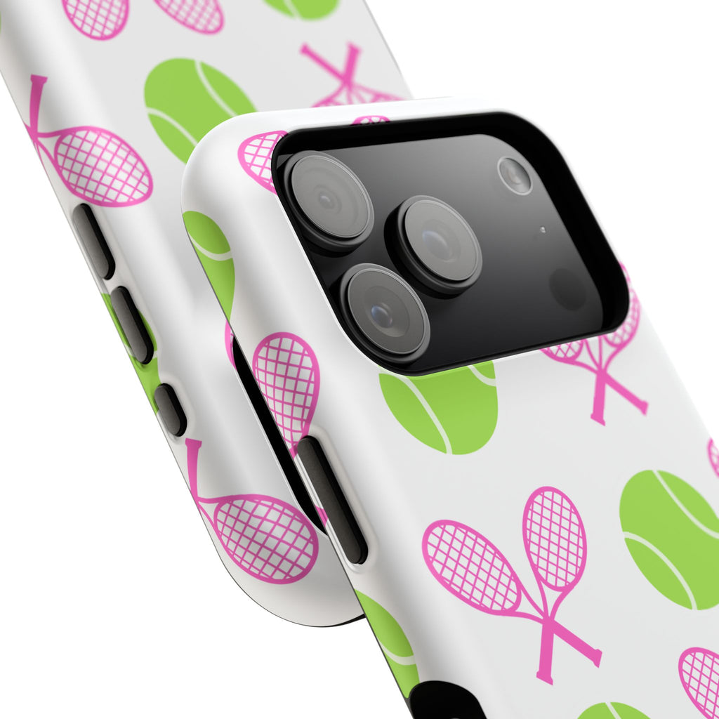 Tennis Pattern Impact-Resistant Phone Case — Pink Rackets & Green Balls