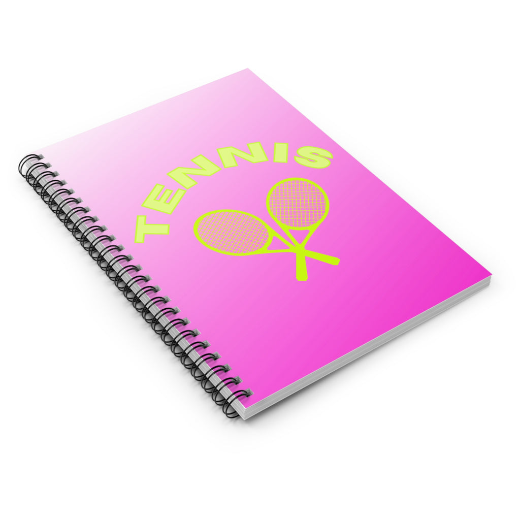 Tennis Spiral Notebook — Pink Gradient Ruled Journal with Neon Rackets