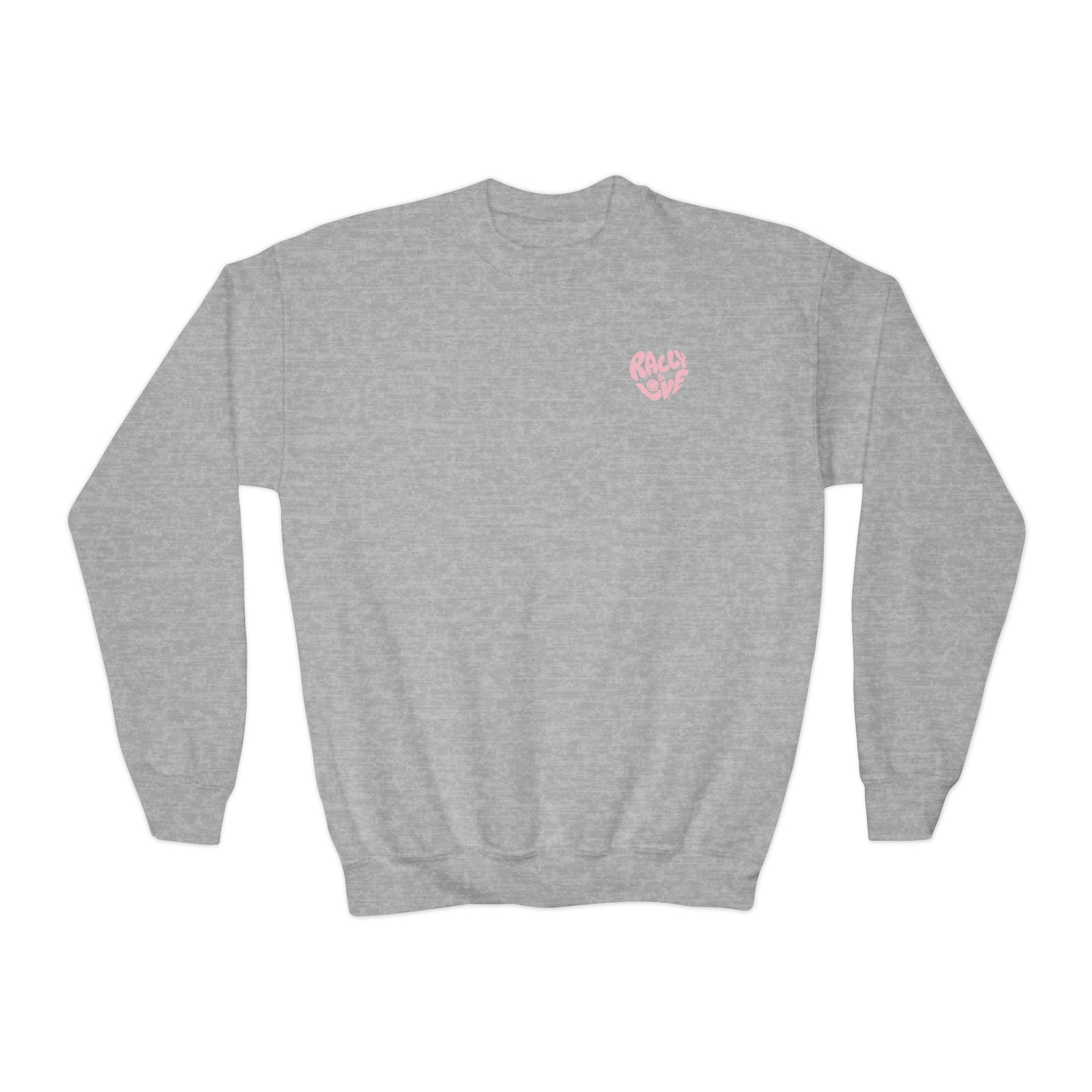 Girls Junior Tennis Crewneck Sweatshirt — 'Rally & Love' logo (bubblegum pink)