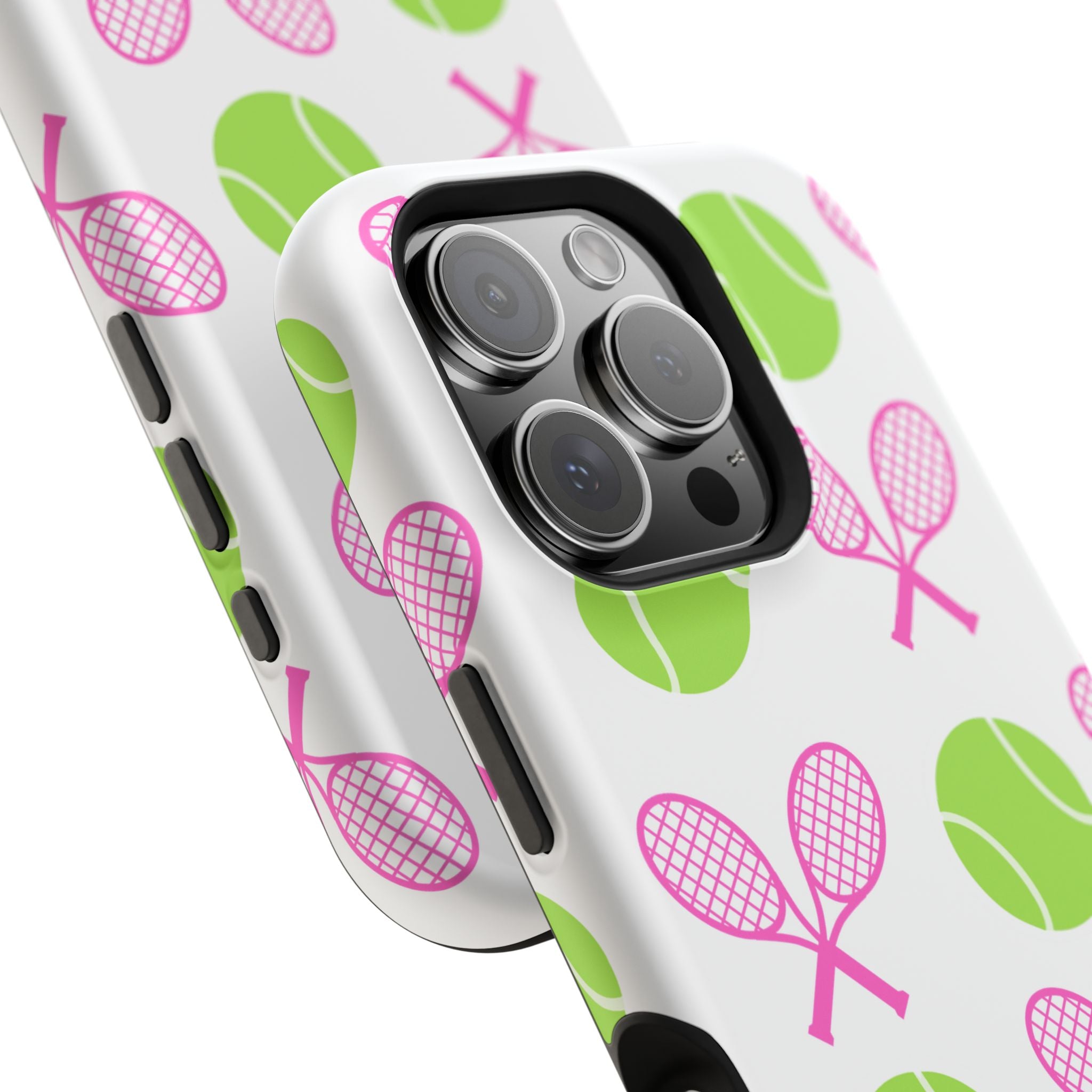 Tennis Pattern Impact-Resistant Phone Case — Pink Rackets & Green Balls