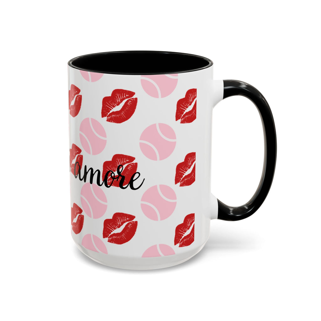Tennis Kiss Accent Coffee Mug — 'Tennis mi amore' Pink Lip & Ball Pattern (11/15oz)