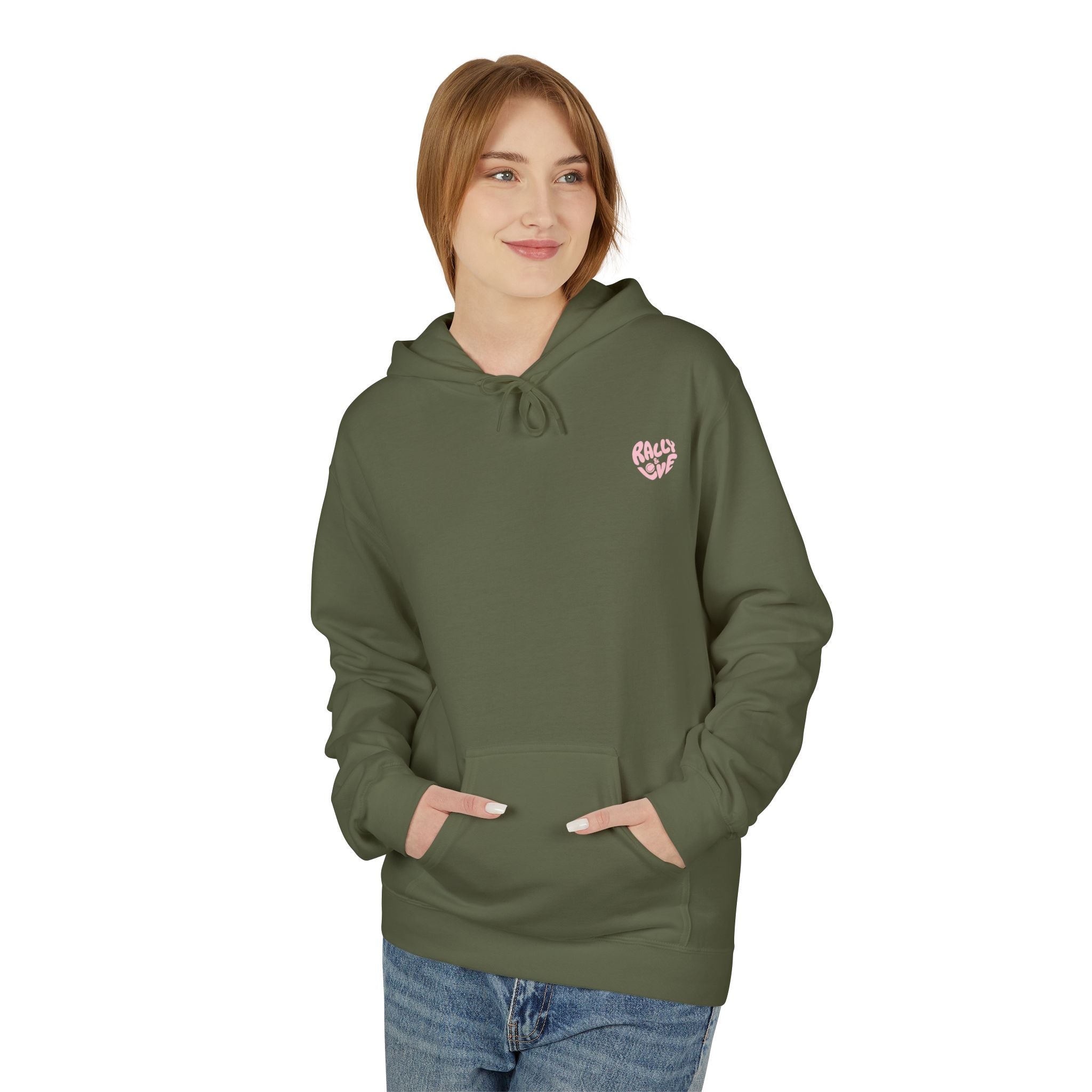 Women's Softstyle Fleece Hoodie sweatshirt - 'Rally & Love' logo, minimalist (pink)