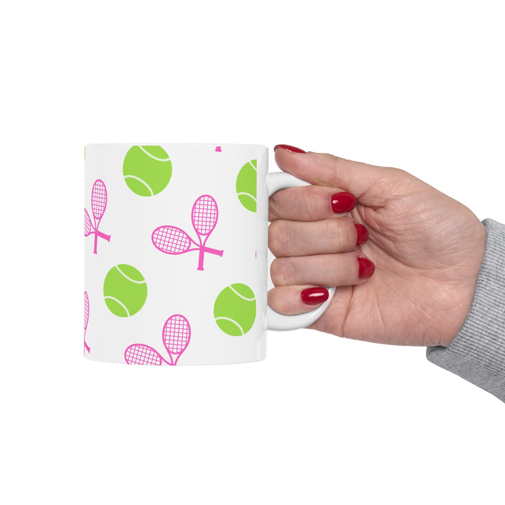 Pink/Green Tennis Racket & Ball Ceramic Mug — 11oz/15oz Sports Gift