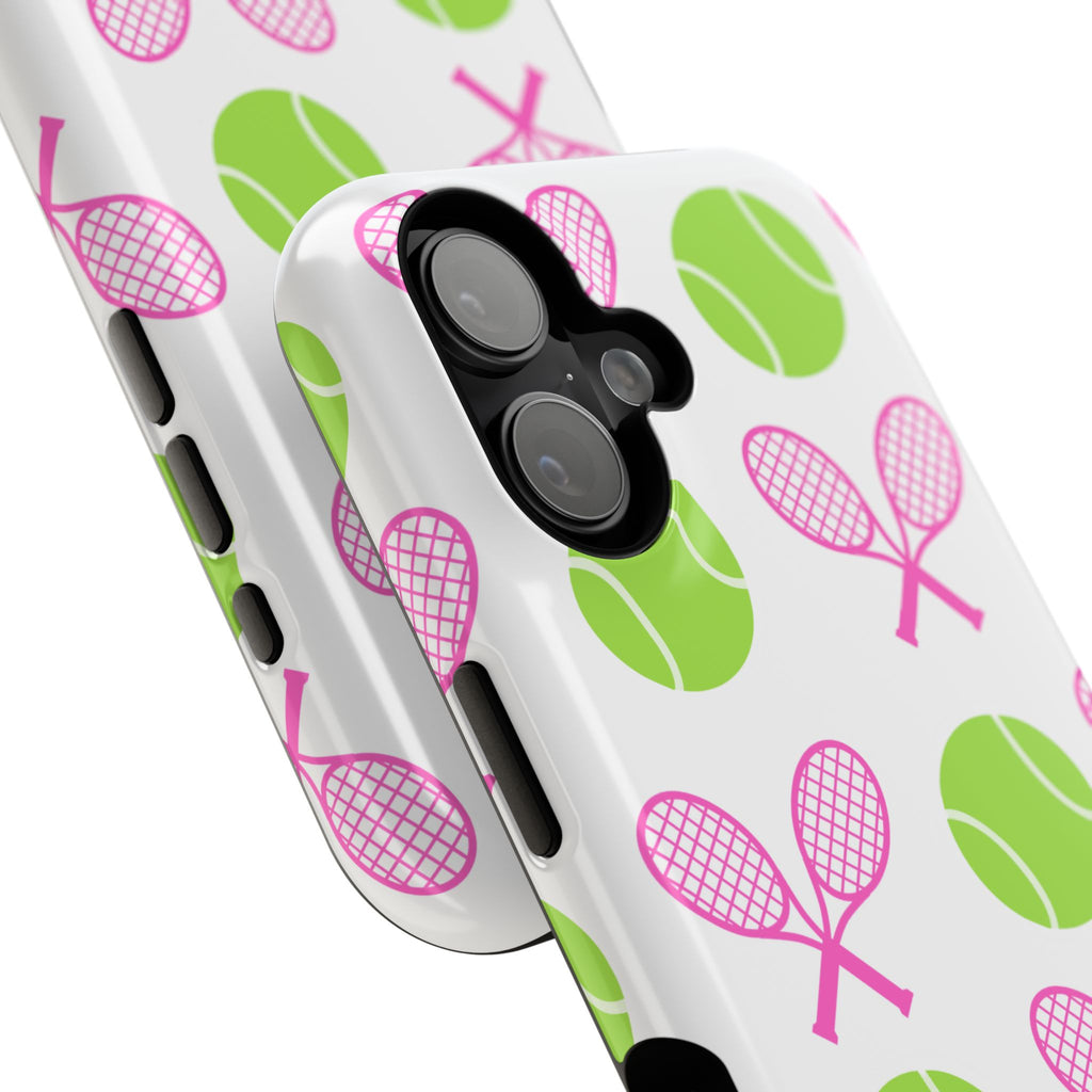 Tennis Pattern Impact-Resistant Phone Case — Pink Rackets & Green Balls