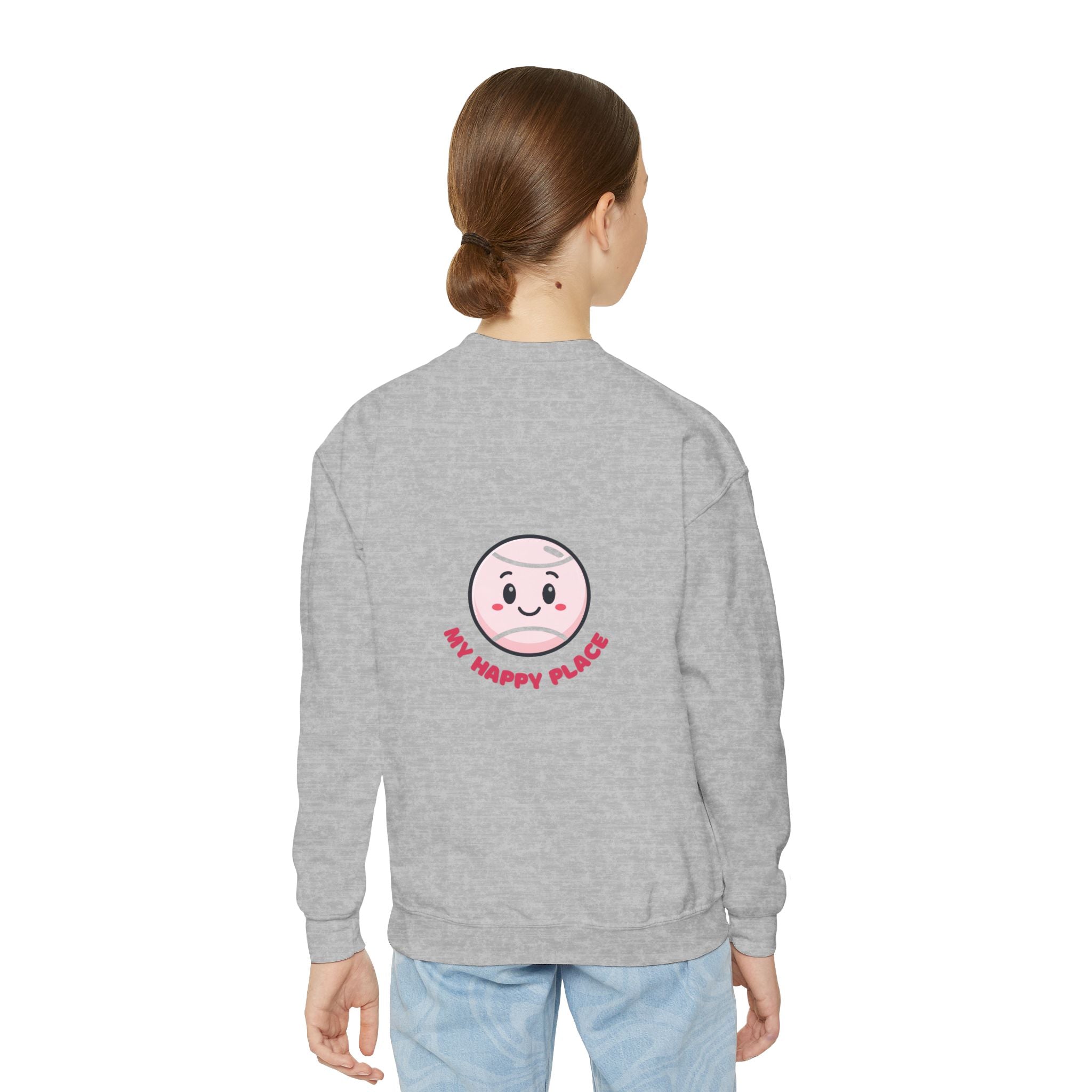 Girl's Junior Crewneck Sweatshirt — Cute Smiling Tennis Ball "My Happy Place" Kids Shirt