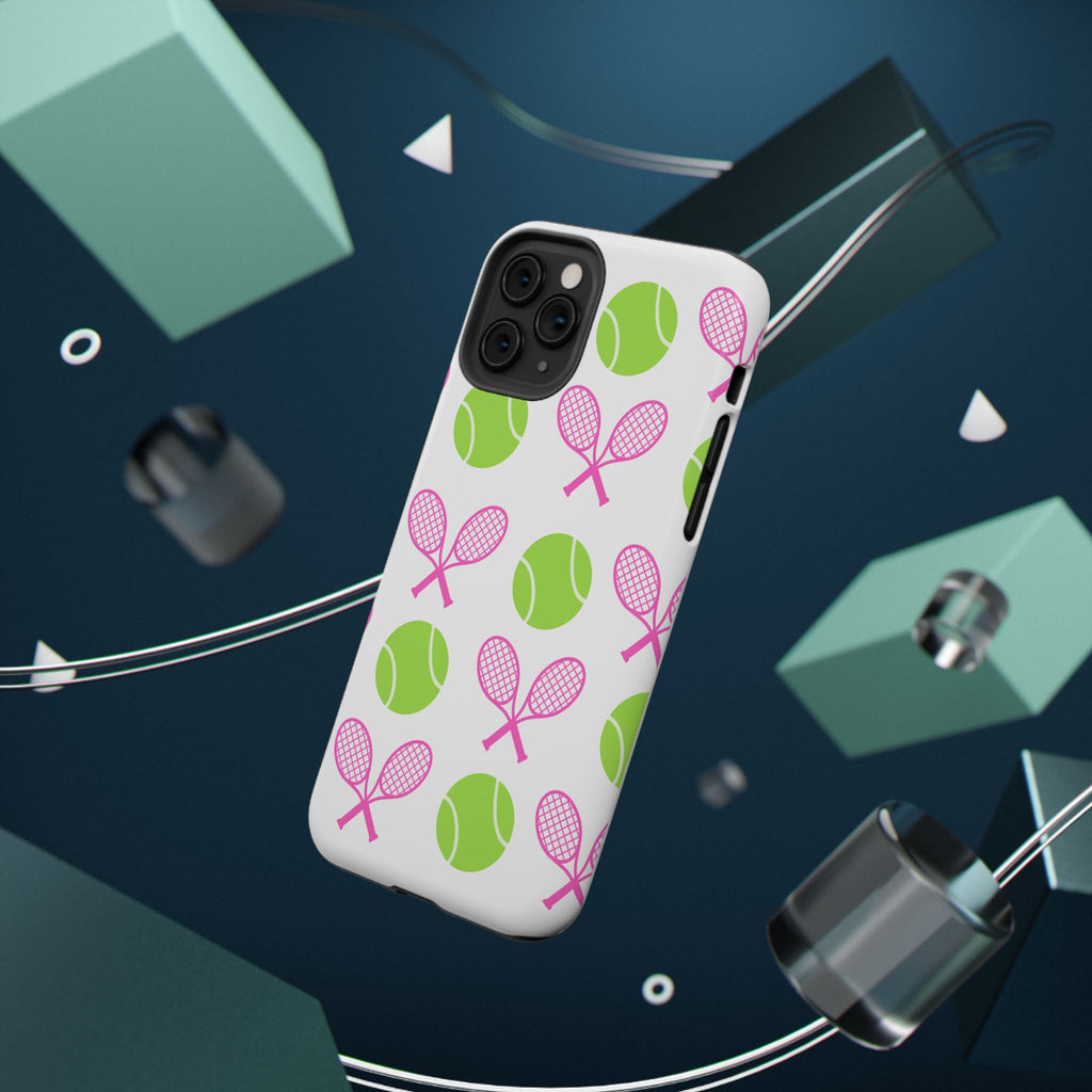Tennis Pattern Impact-Resistant Phone Case — Pink Rackets & Green Balls