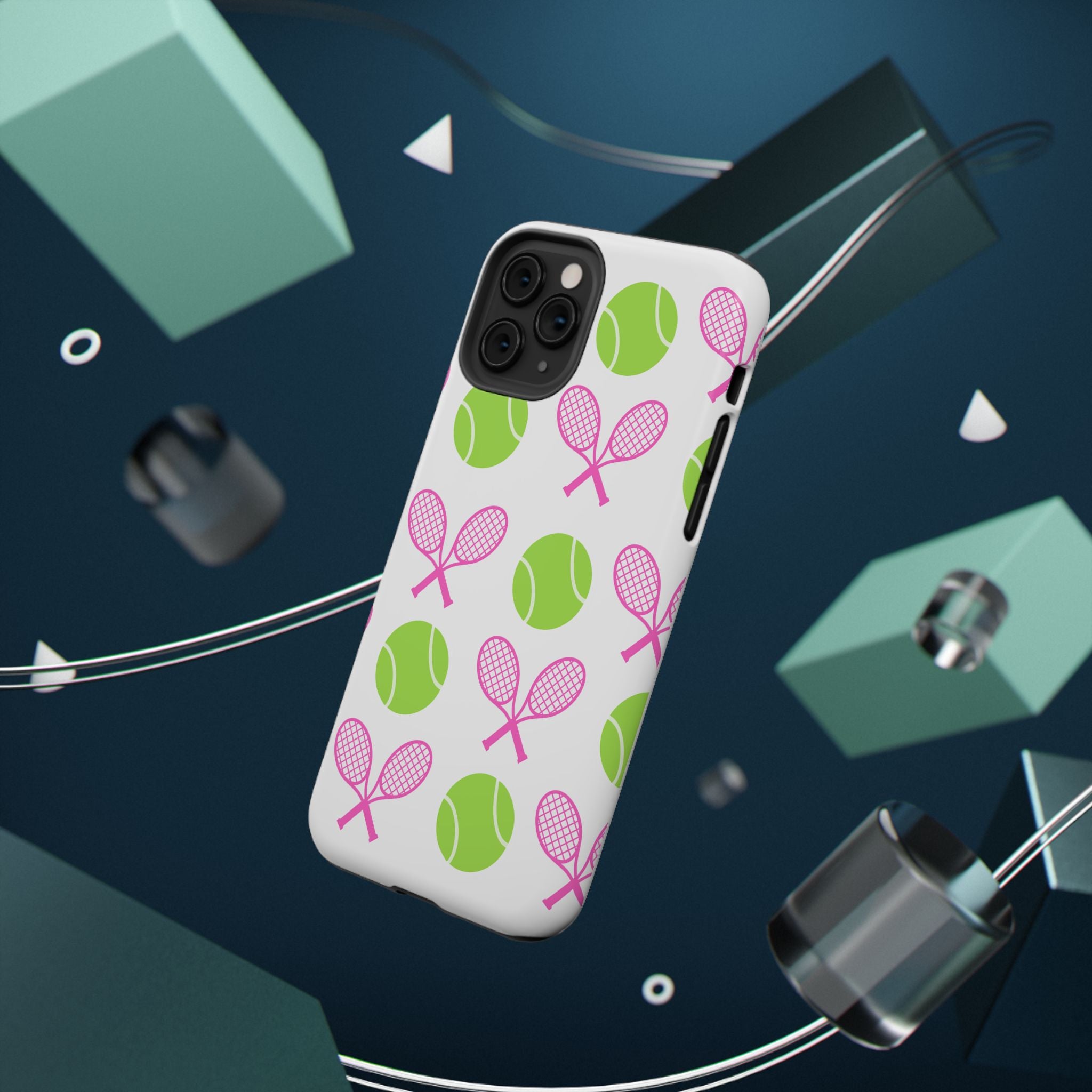 Tennis Pattern Impact-Resistant Phone Case — Pink Rackets & Green Balls