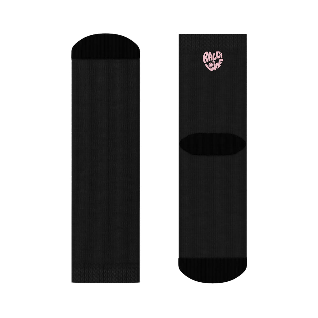 Women's Socks — Black/'Rally & Love' Pink Heart Graphic Cotton Crew Socks