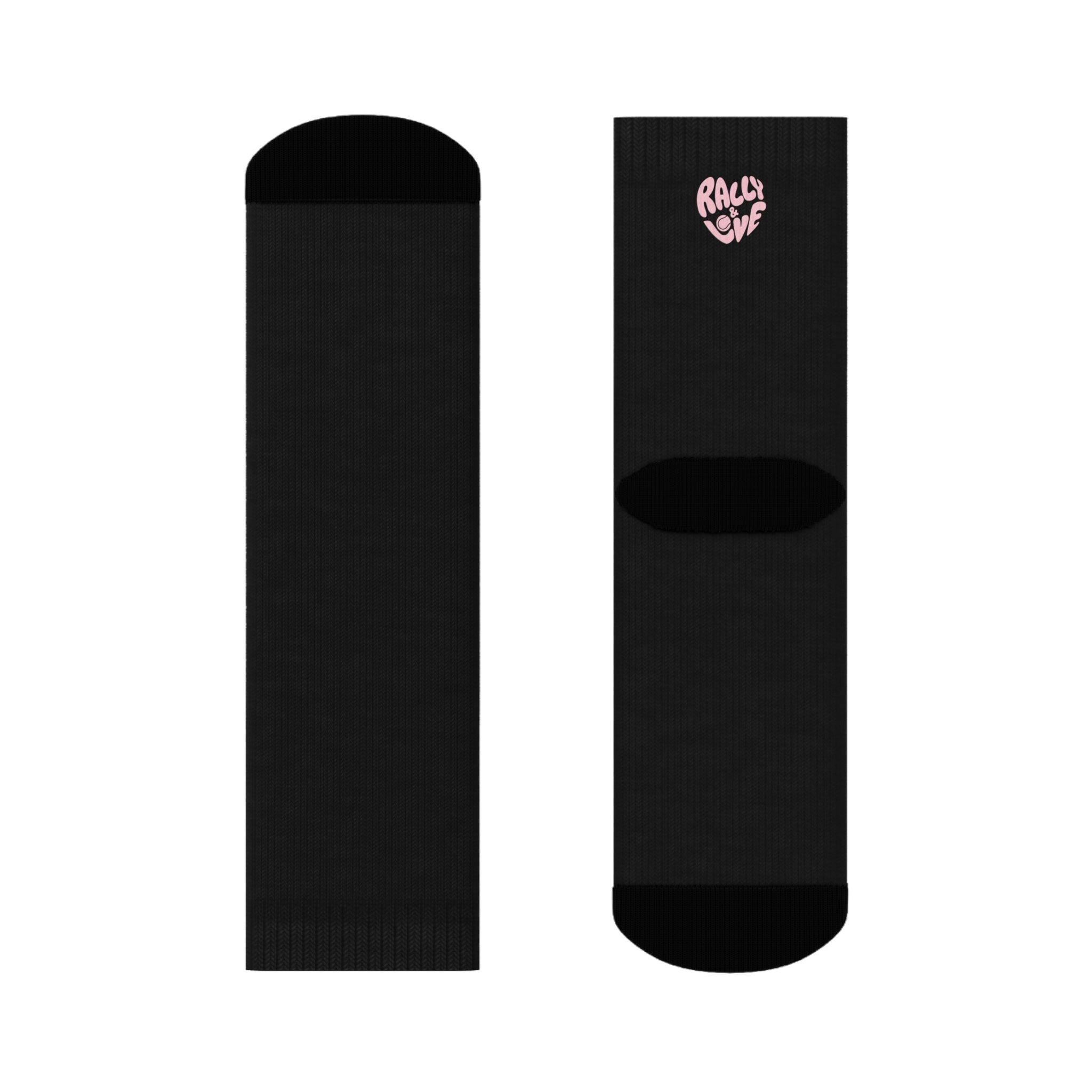 Women's Socks — Black/'Rally & Love' Pink Heart Graphic Cotton Crew Socks