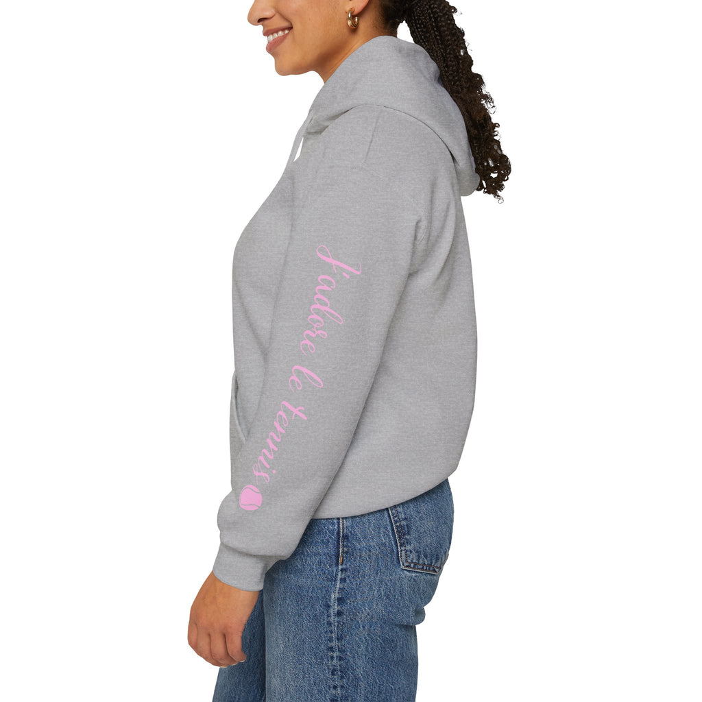 Women's Hoodie sweatshirt — "J'adore le tennis" Tennis Ball Sleeve Design (bubblegum pink)
