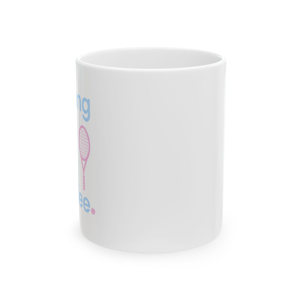 Tennis Ceramic Mug – "Strong Like My Coffee" Cute Pink Racket Coffee Cup (11oz & 15oz) (bubblegum pink/blue)
