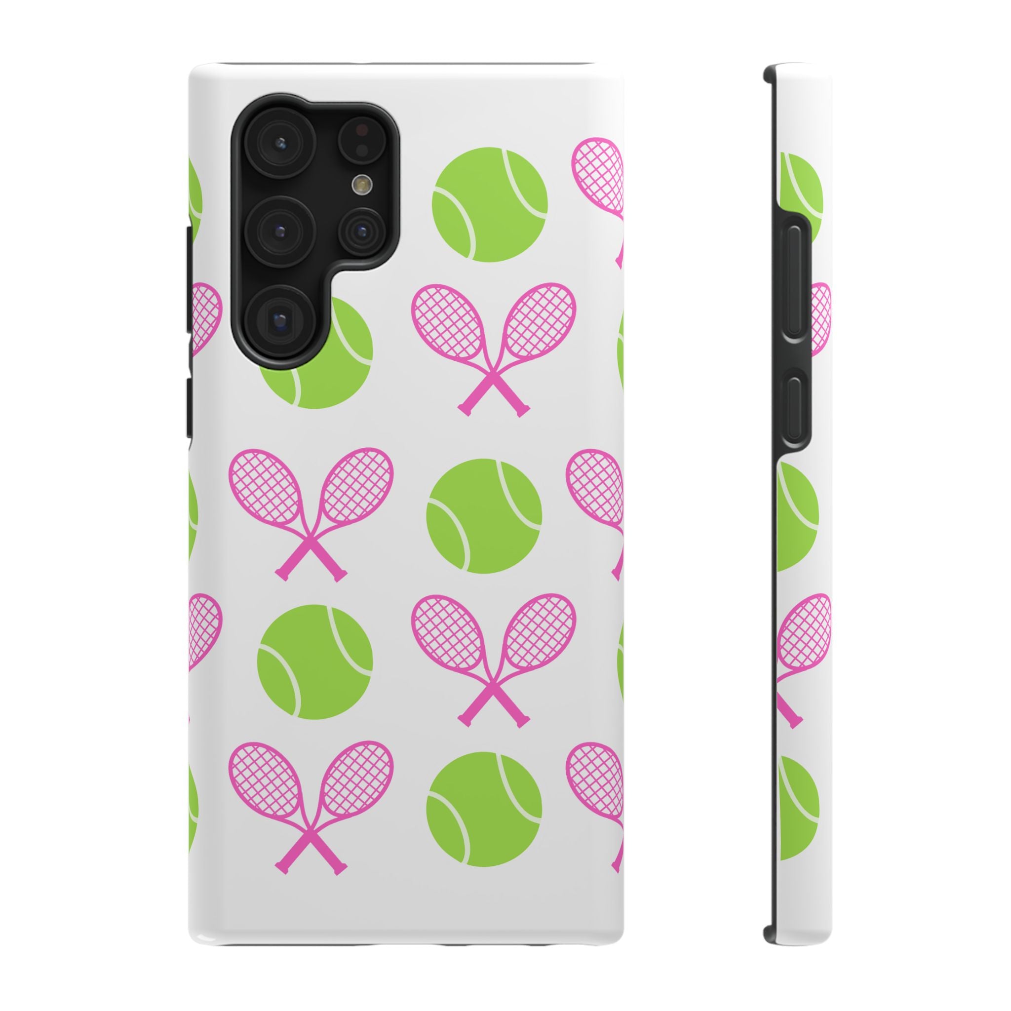 Tennis Pattern Impact-Resistant Phone Case — Pink Rackets & Green Balls