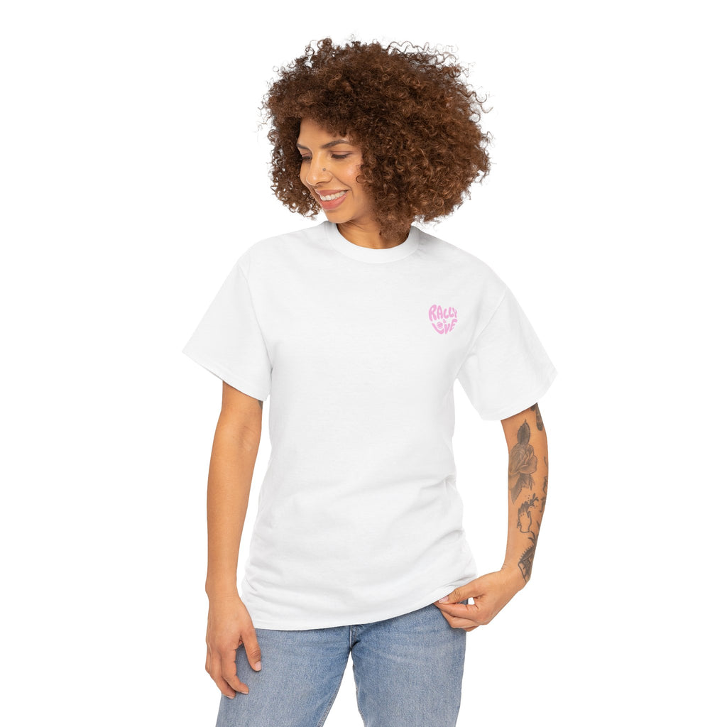 Women's Tee - Minimalist "Rally & Love" logo Chest Print (bubblegum pink)
