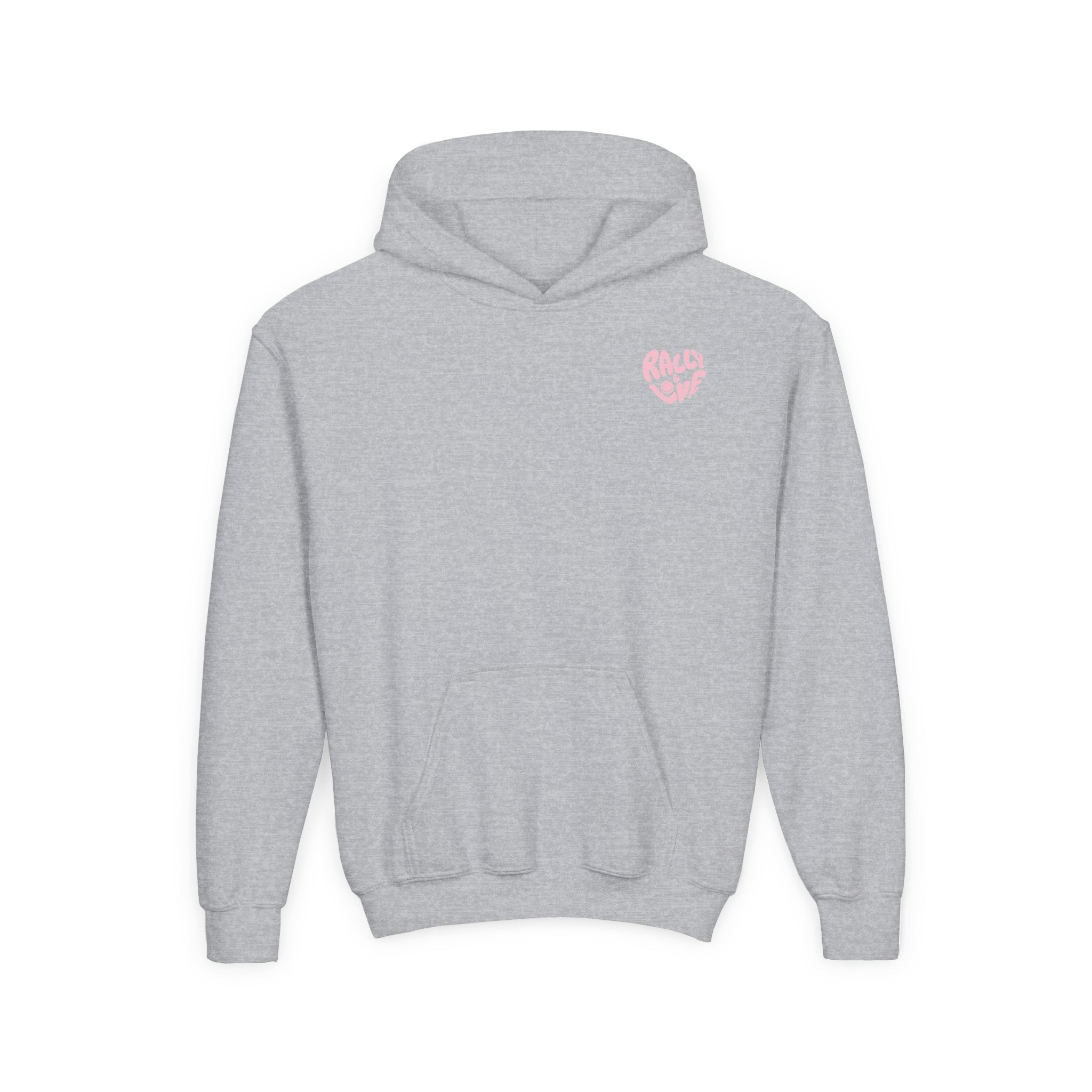 Girl's Junior Hoodie sweatshirt — "Rally & Love" Heart Chest Tennis Graphic Sweatshirt (Pink logo)