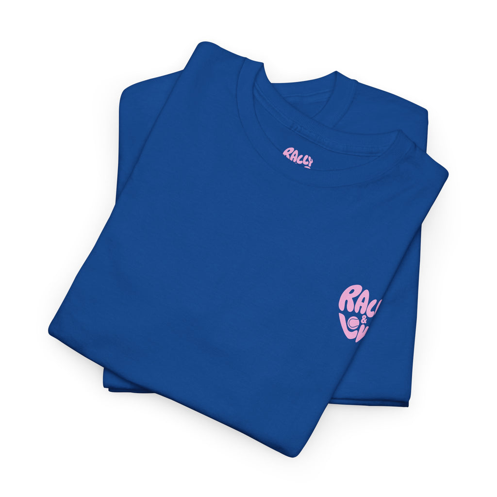 Women's Tee - Minimalist "Rally & Love" logo Chest Print (bubblegum pink)