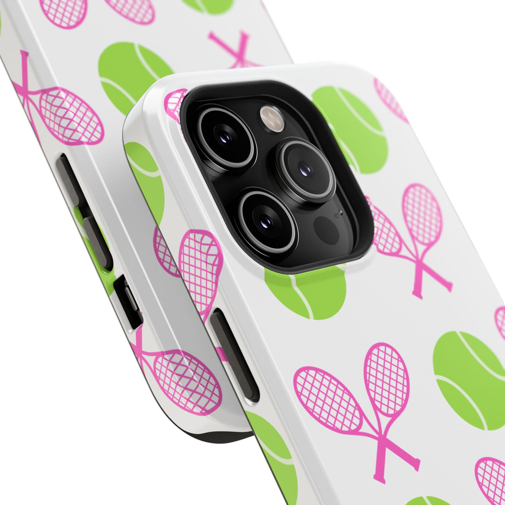 Tennis Pattern Impact-Resistant Phone Case — Pink Rackets & Green Balls