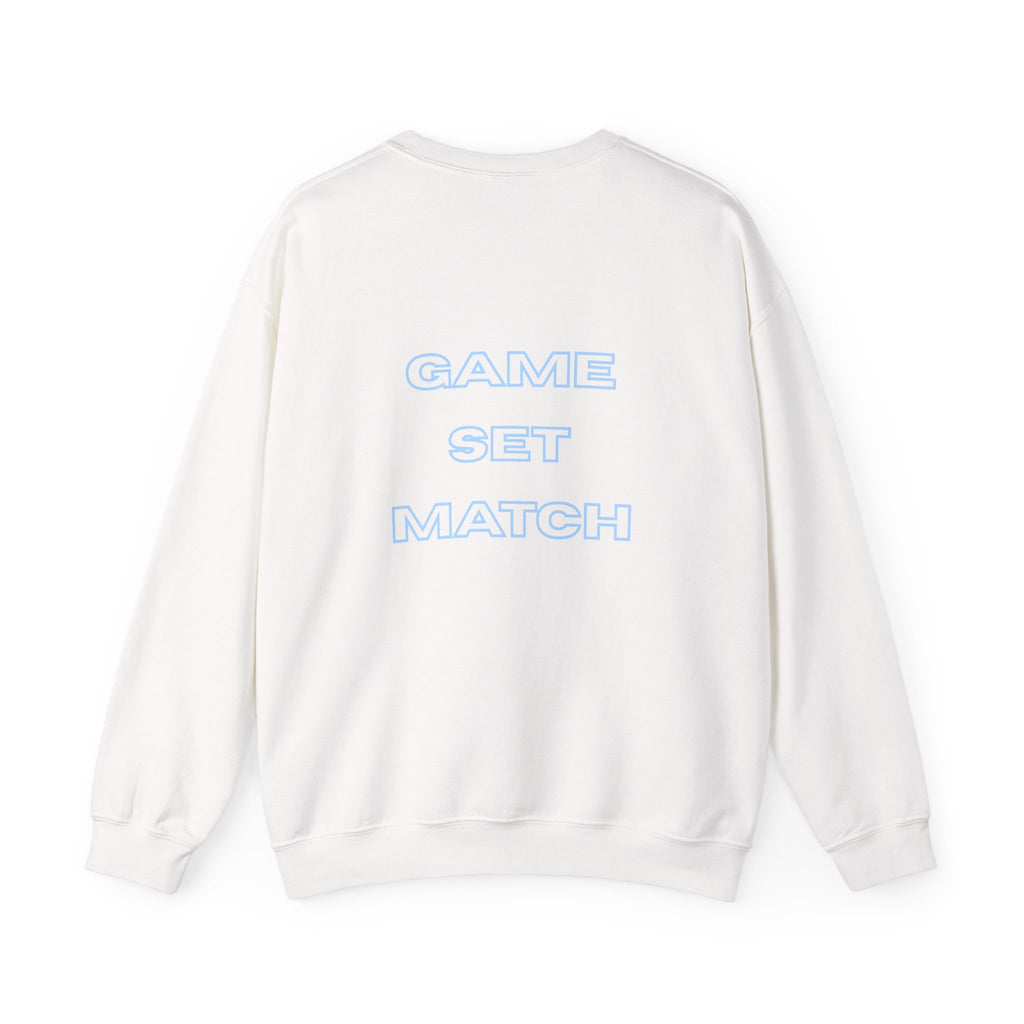 Women's Crewneck Sweatshirt — Minimal ‘Game Set Match’ Tennis Graphic (bubblegum blue)