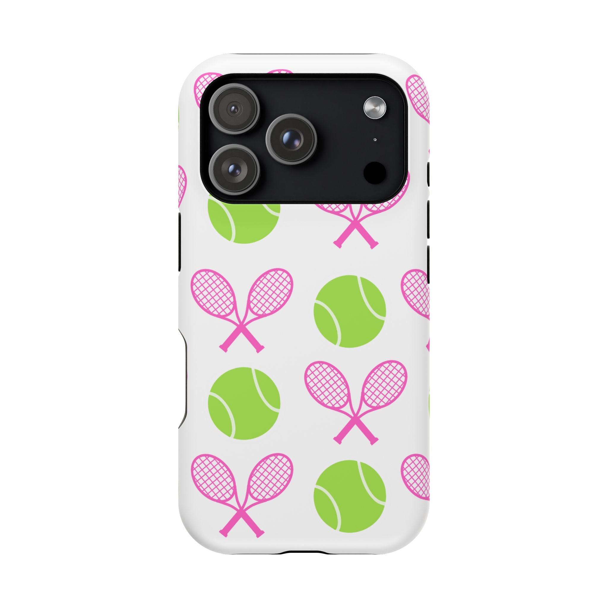 Tennis Pattern Impact-Resistant Phone Case — Pink Rackets & Green Balls