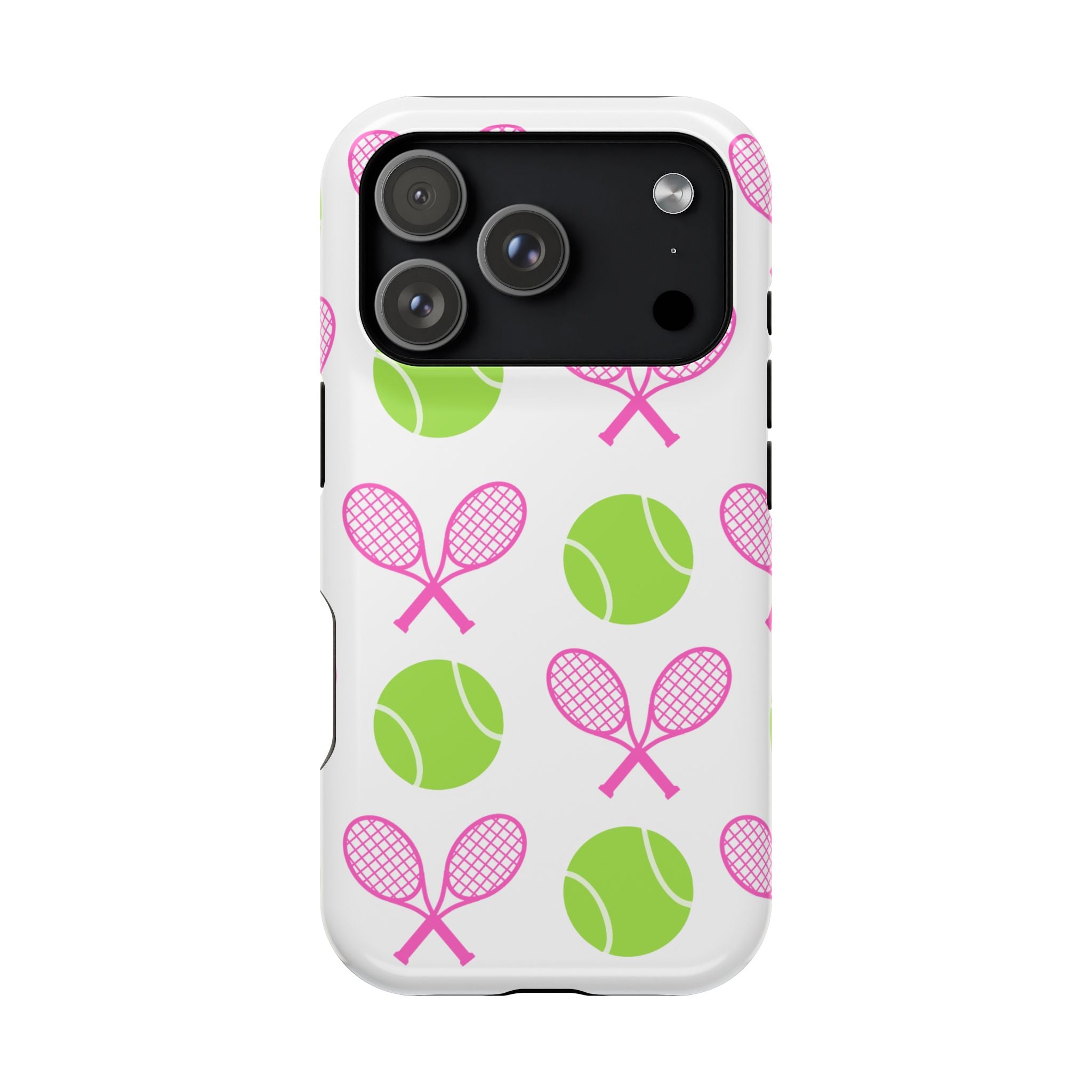 Tennis Pattern Impact-Resistant Phone Case — Pink Rackets & Green Balls