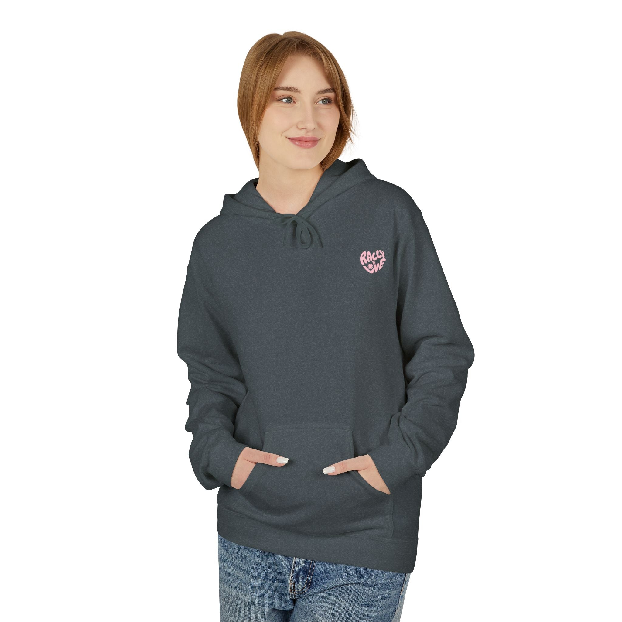 Women's Softstyle Fleece Hoodie sweatshirt - 'Rally & Love' logo, minimalist (pink)