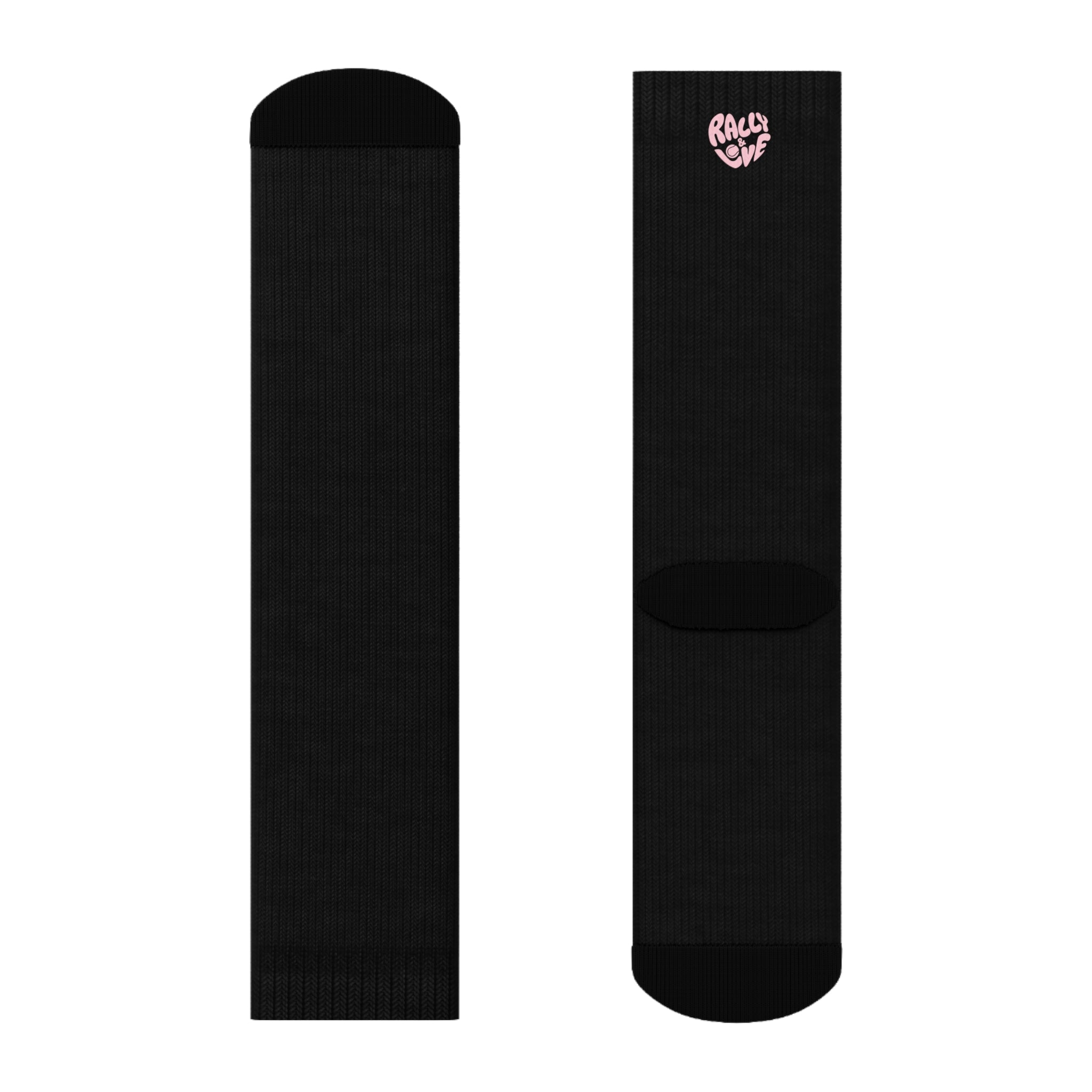 Women's Socks — Black/'Rally & Love' Pink Heart Graphic Cotton Crew Socks