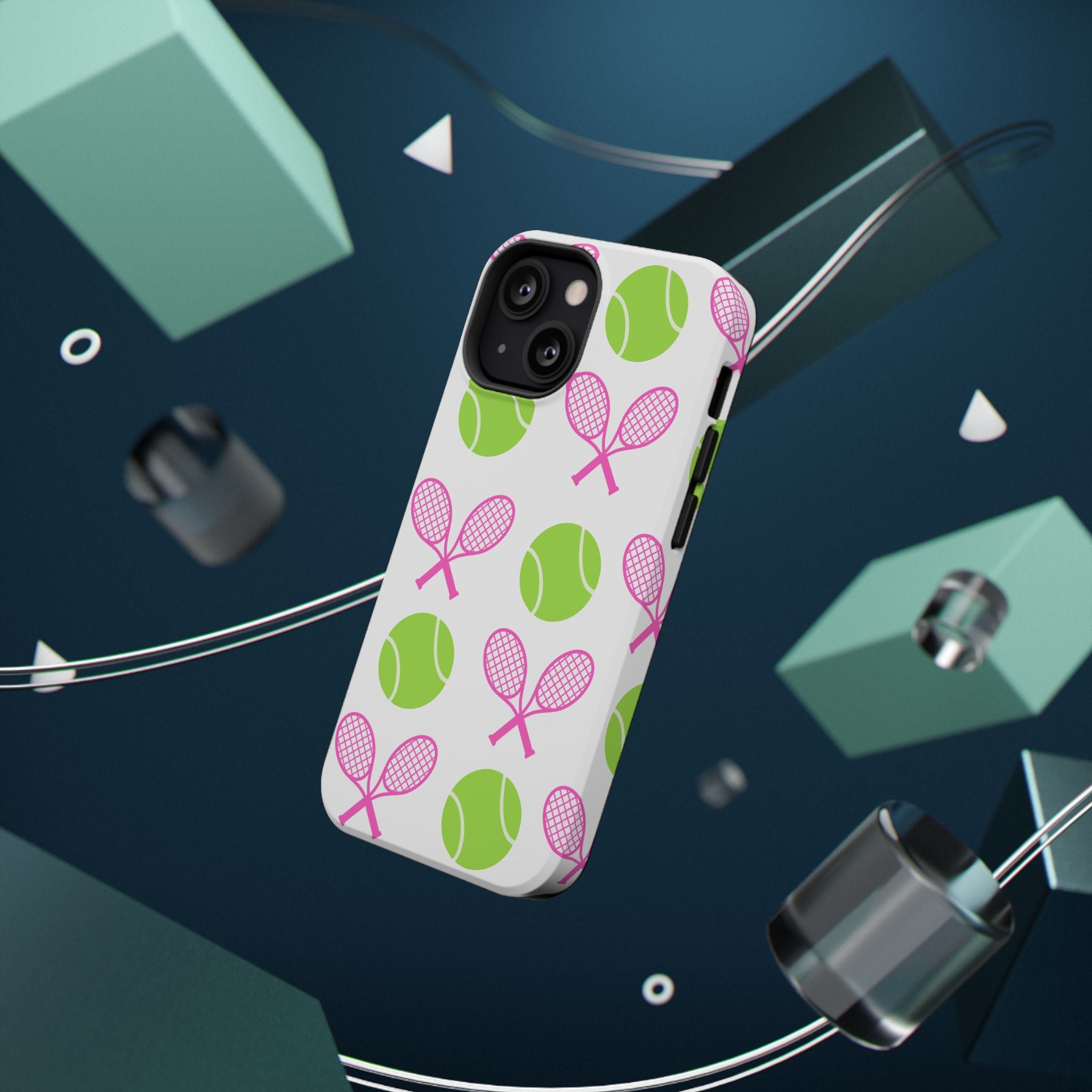 Tennis Pattern Impact-Resistant Phone Case — Pink Rackets & Green Balls