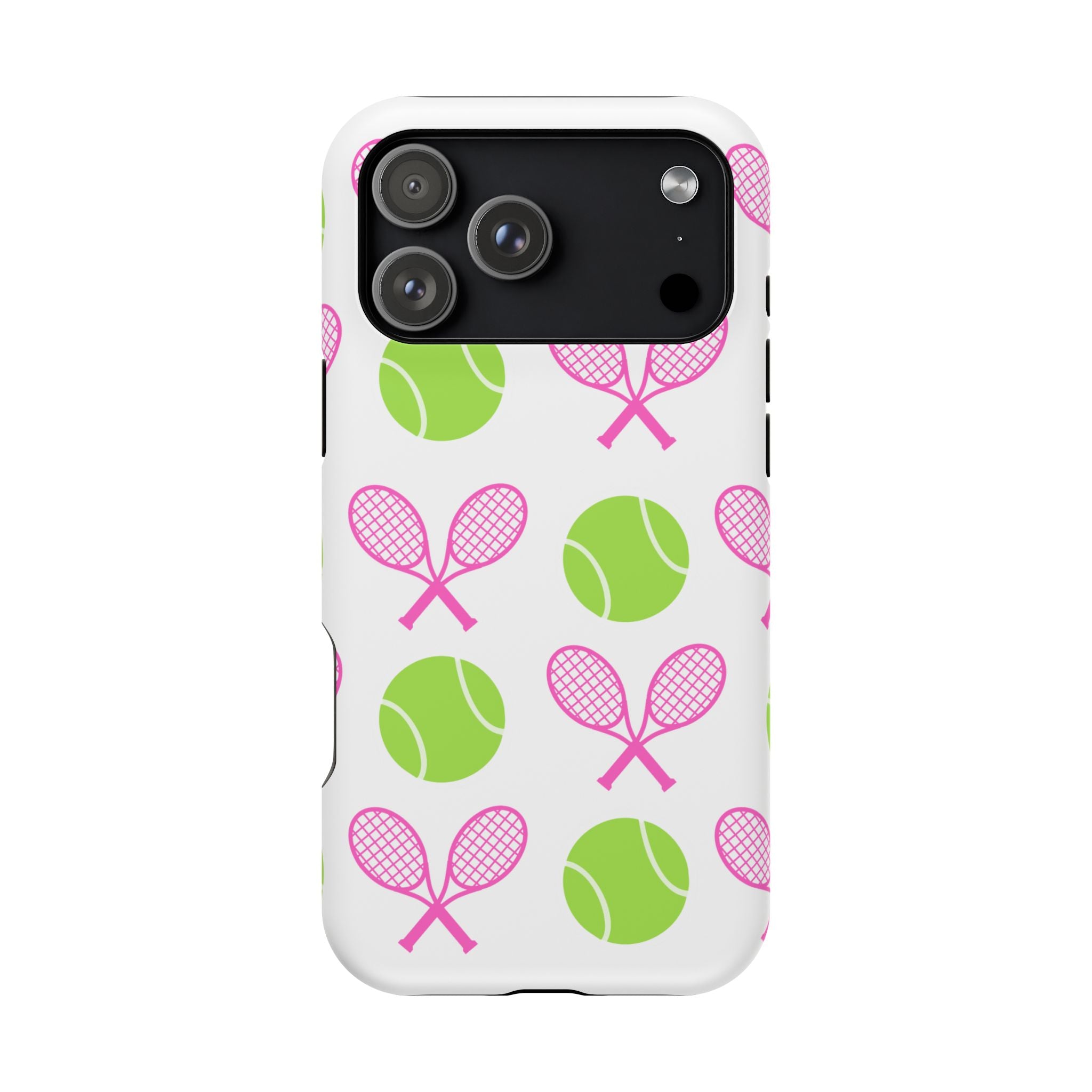 Tennis Pattern Impact-Resistant Phone Case — Pink Rackets & Green Balls
