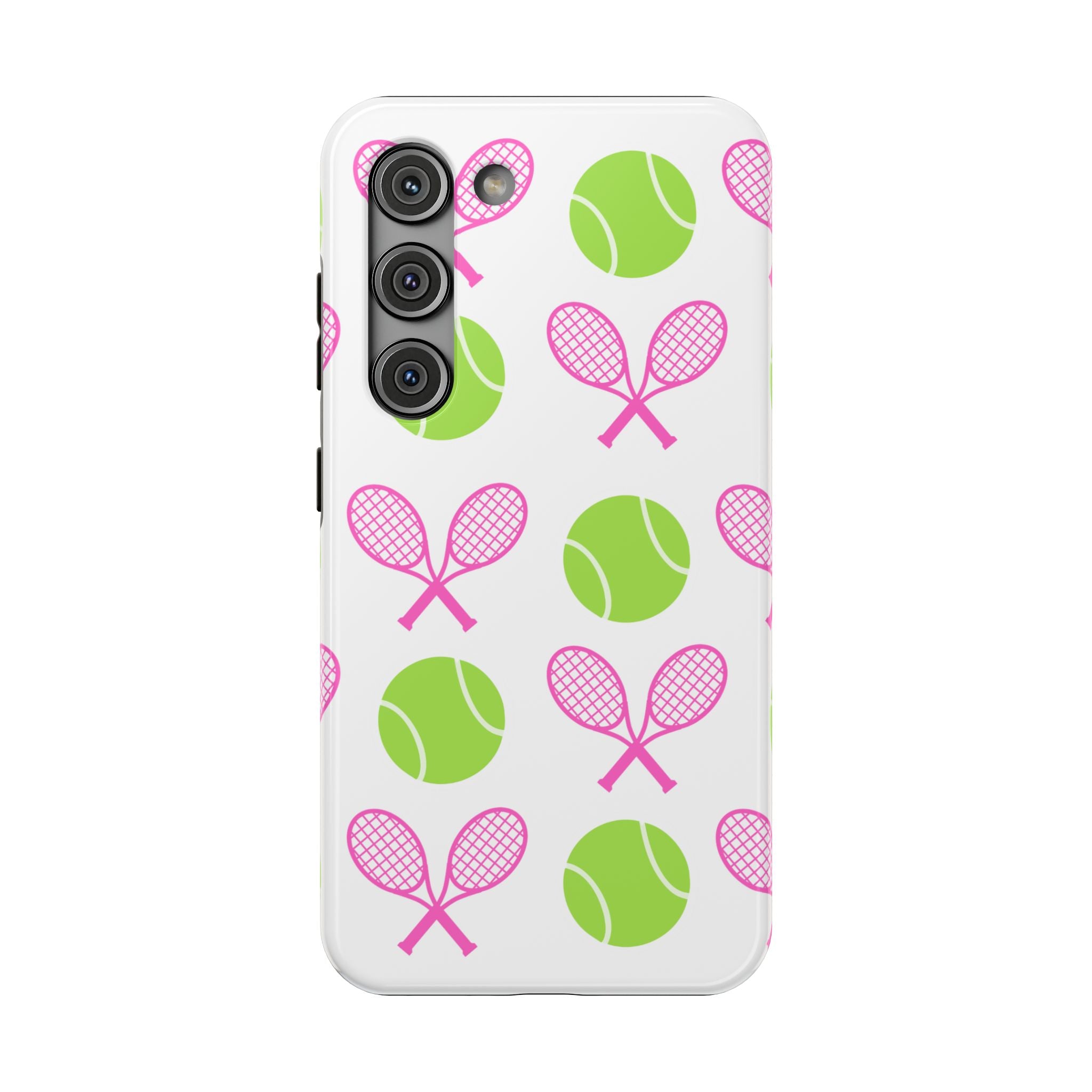 Tennis Pattern Impact-Resistant Phone Case — Pink Rackets & Green Balls