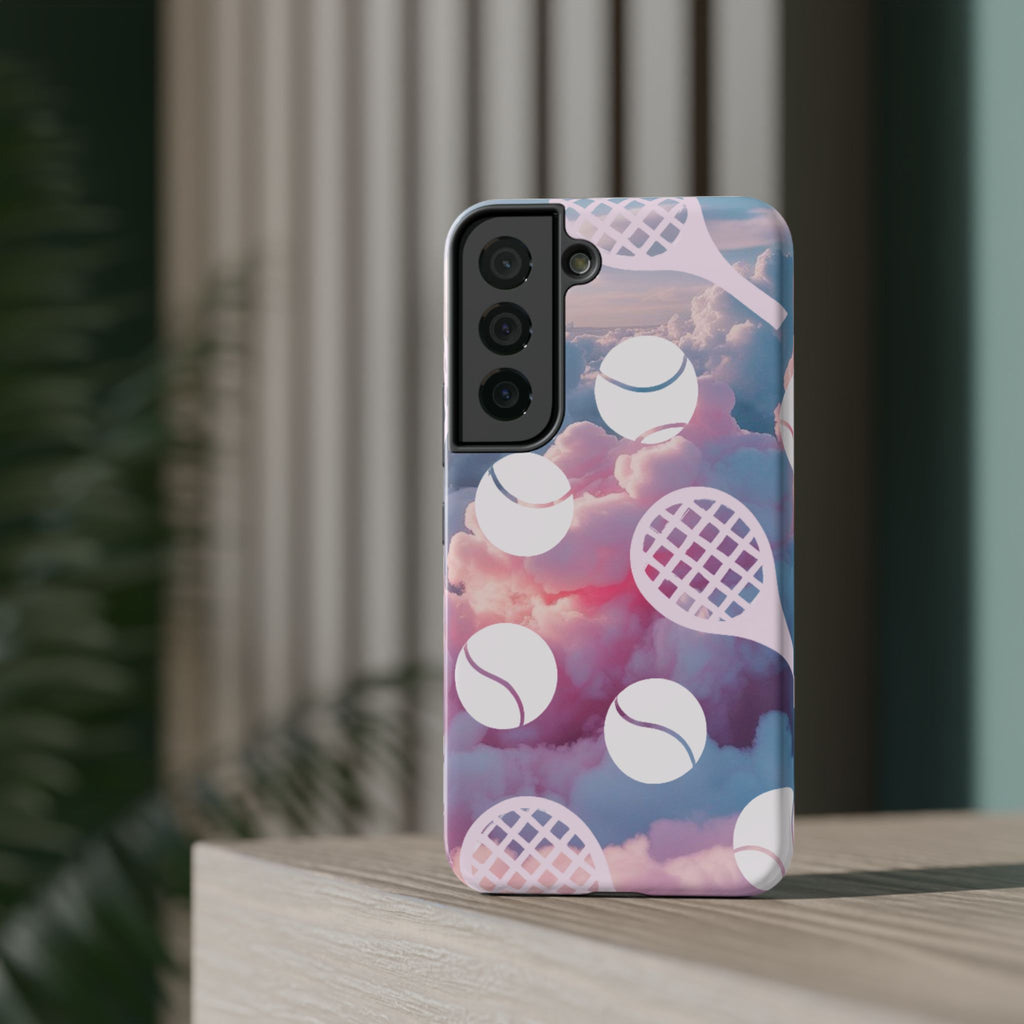 Tennis Impact-Resistant Phone Case — Tennis Rackets & Balls on Cloudscape