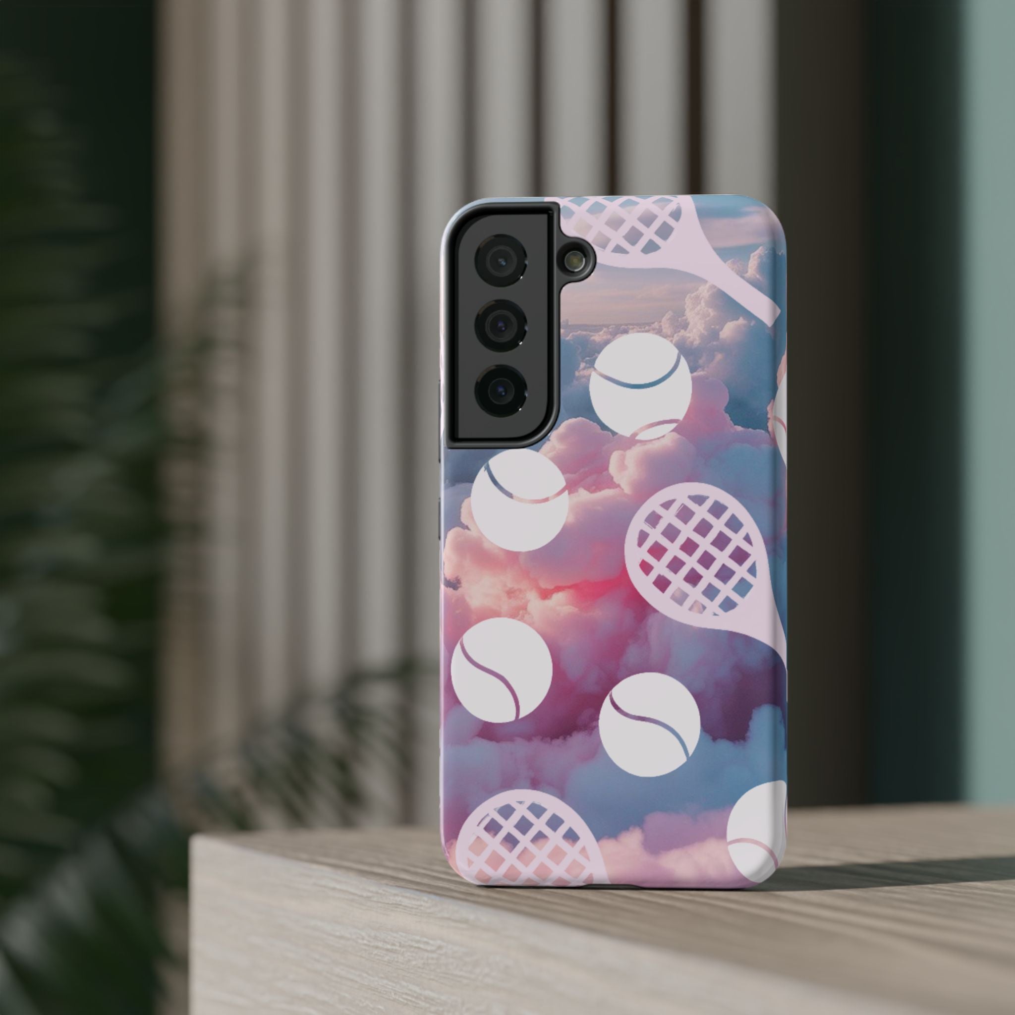 Tennis Impact-Resistant Phone Case — Tennis Rackets & Balls on Cloudscape