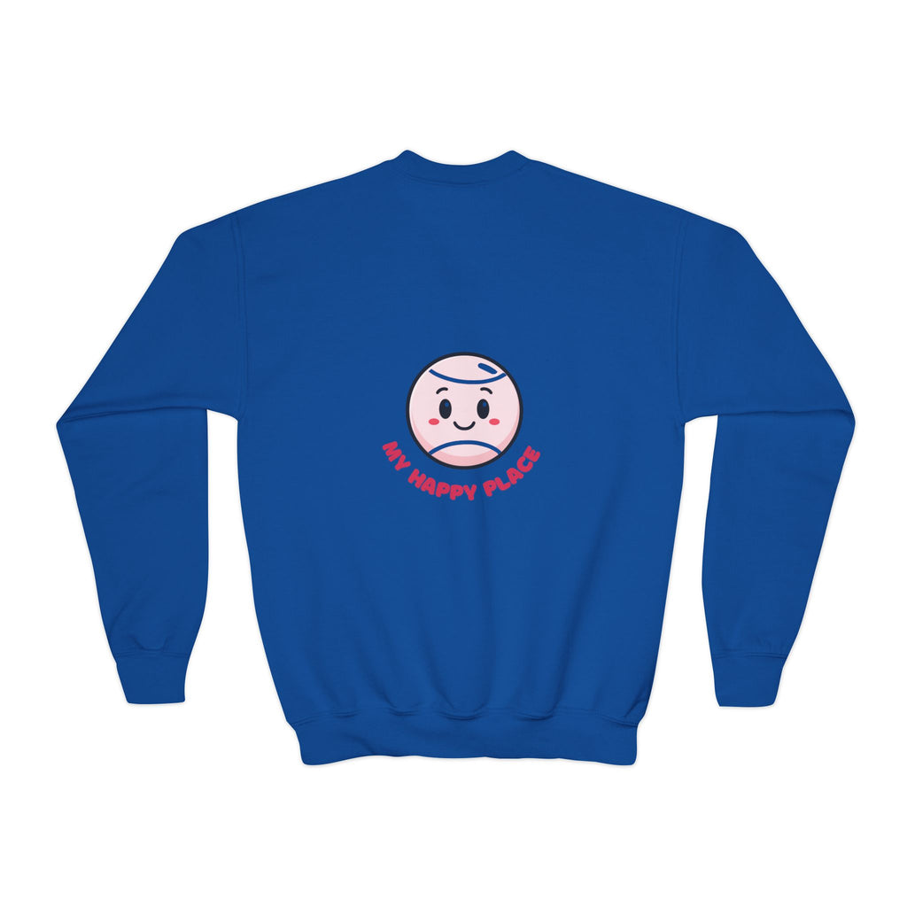 Girl's Junior Crewneck Sweatshirt — Cute Smiling Tennis Ball "My Happy Place" Kids Shirt