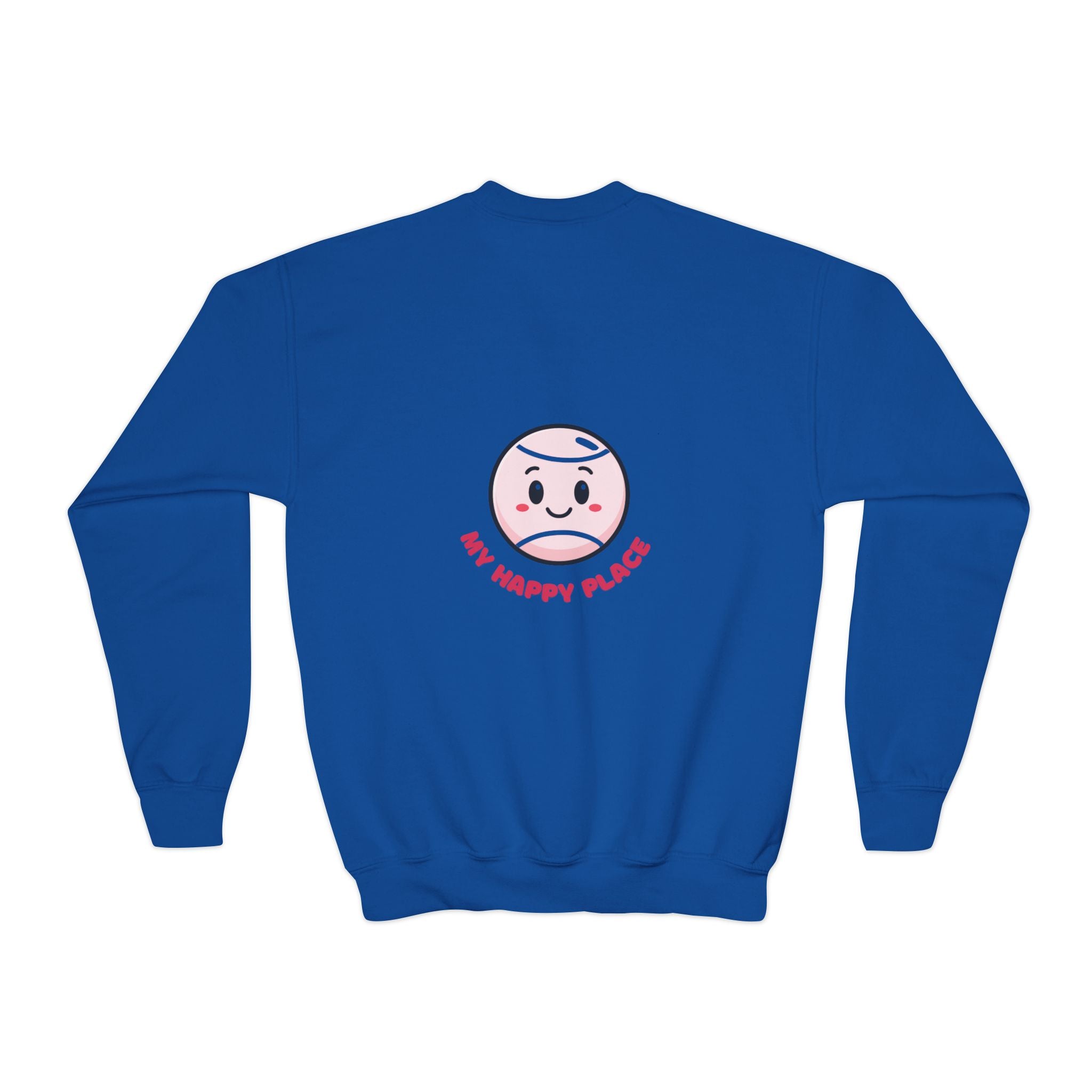 Girl's Junior Crewneck Sweatshirt — Cute Smiling Tennis Ball "My Happy Place" Kids Shirt