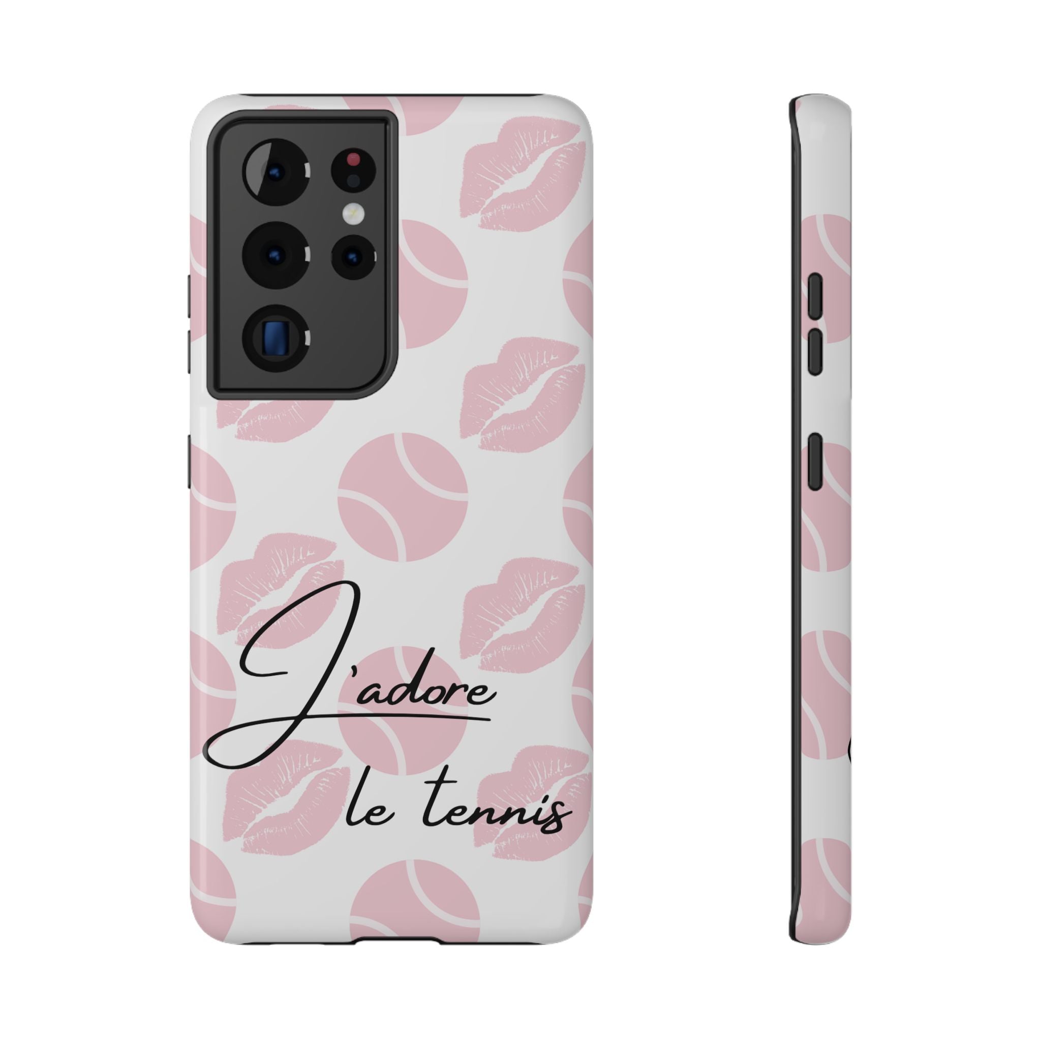 Impact-Resistant Phone Case - 'J'adore le tennis', pink tennis balls/lips