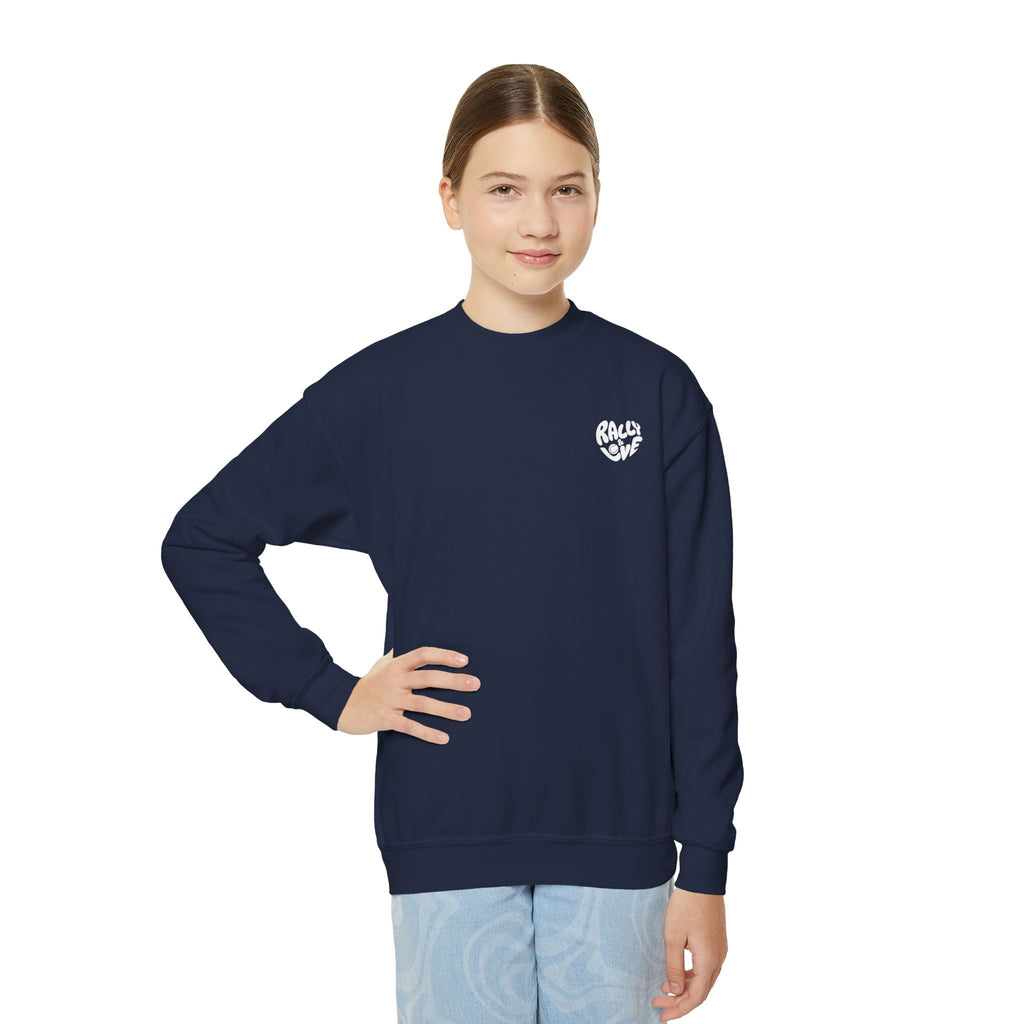 Girl's Junior Crewneck Sweatshirt — Cute Smiling Tennis Ball "My Happy Place" Kids Shirt