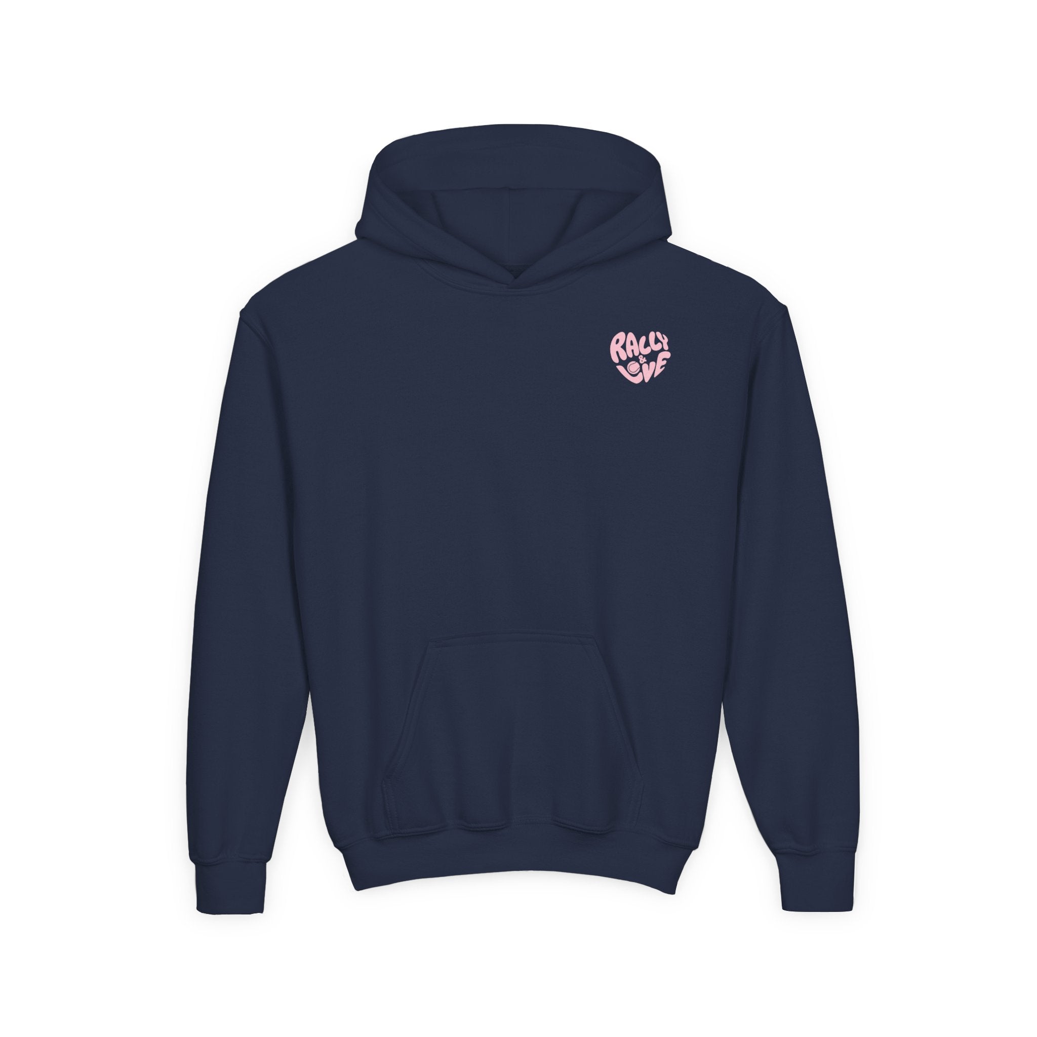Girl's Junior Hoodie sweatshirt — "Rally & Love" Heart Chest Tennis Graphic Sweatshirt (Pink logo)