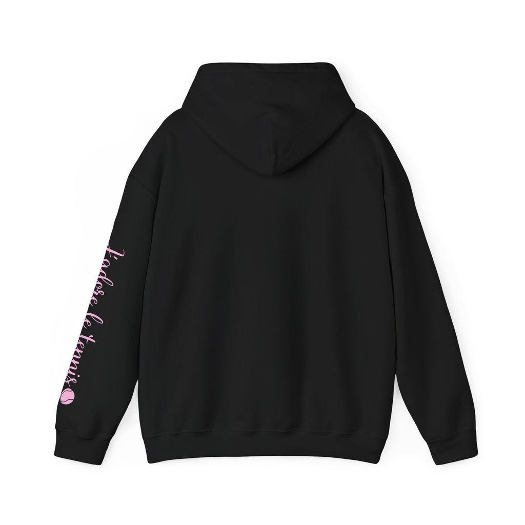 Women's Hoodie sweatshirt — "J'adore le tennis" Tennis Ball Sleeve Design (bubblegum pink)