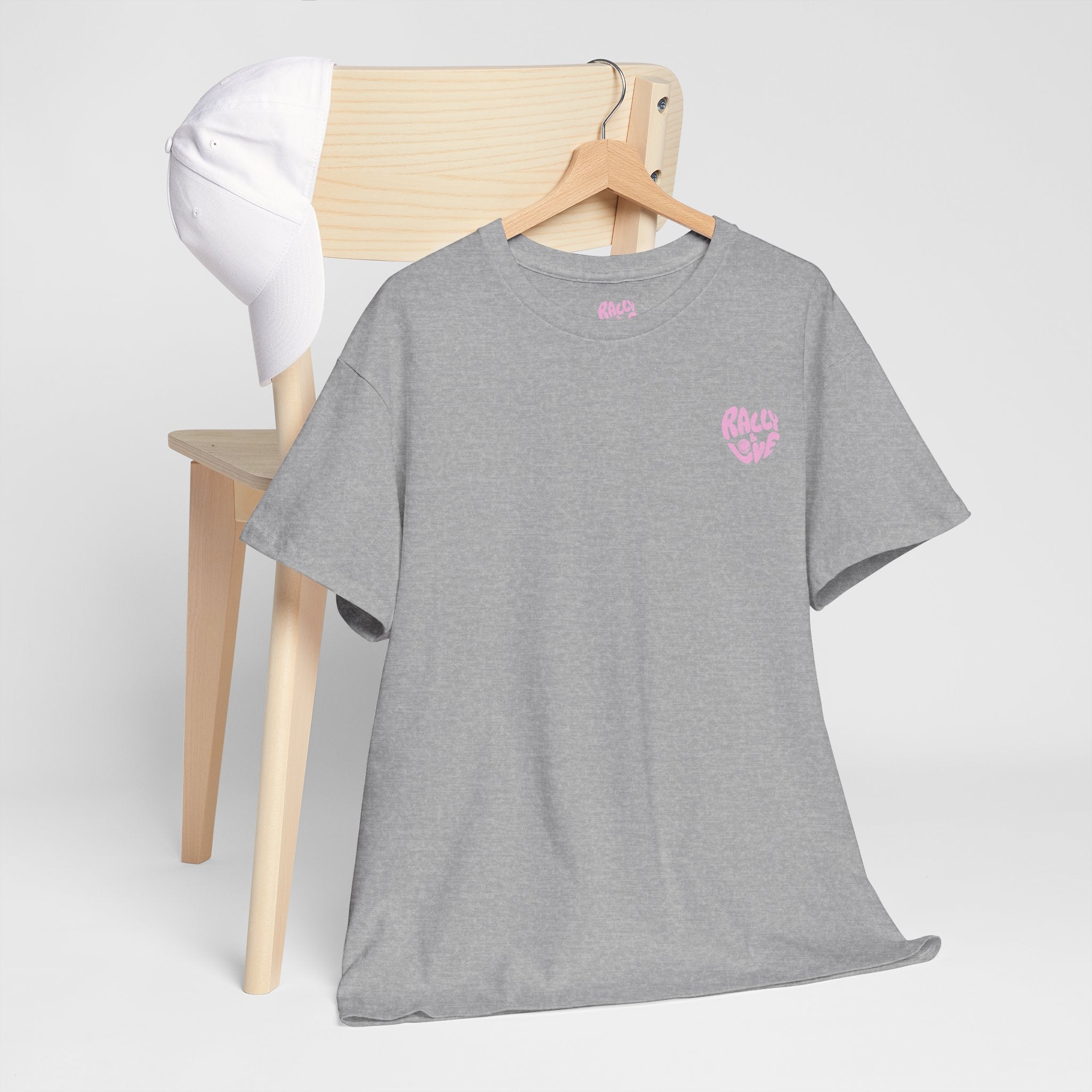 Women's Tee - Minimalist "Rally & Love" logo Chest Print (bubblegum pink)