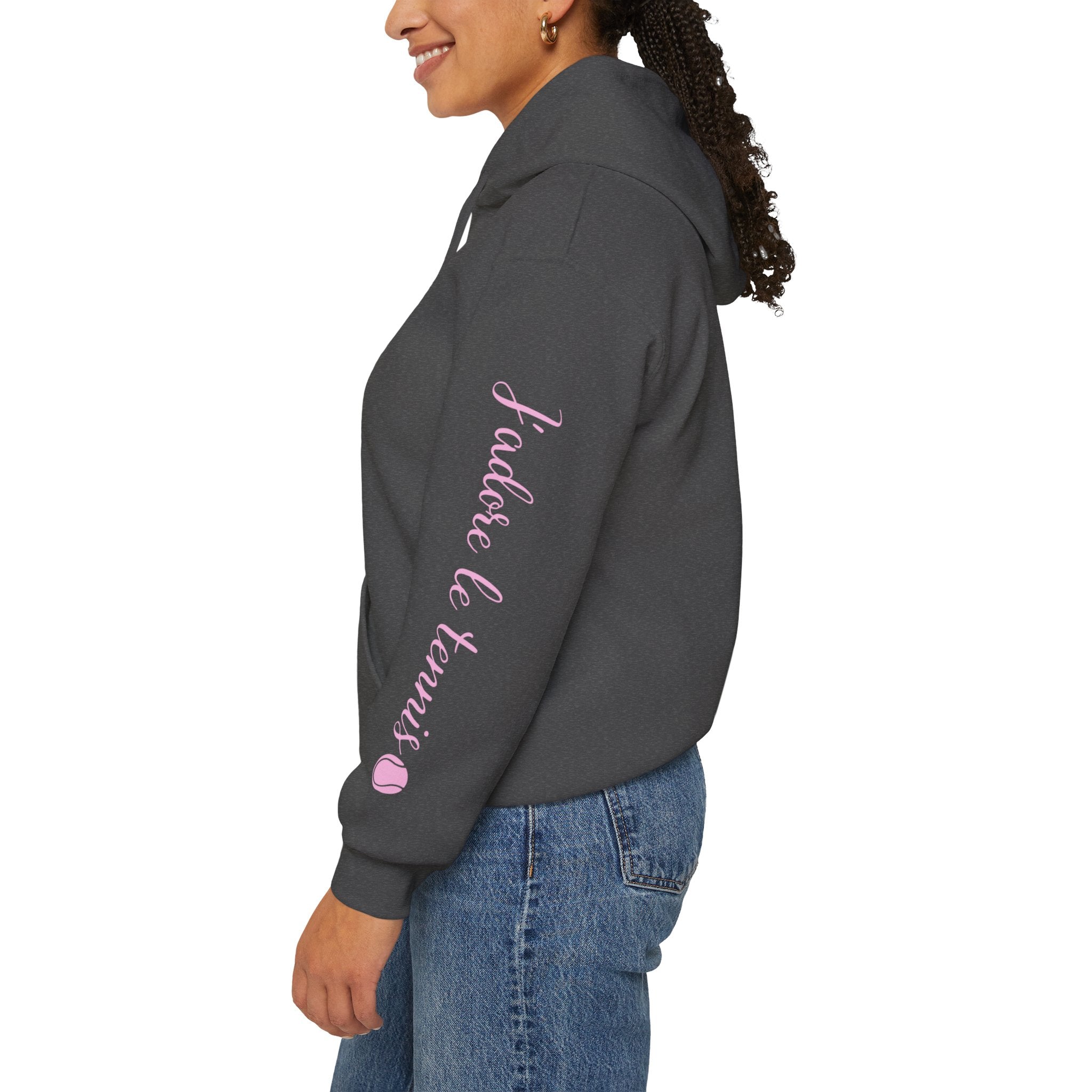 Women's Hoodie sweatshirt — "J'adore le tennis" Tennis Ball Sleeve Design (bubblegum pink)