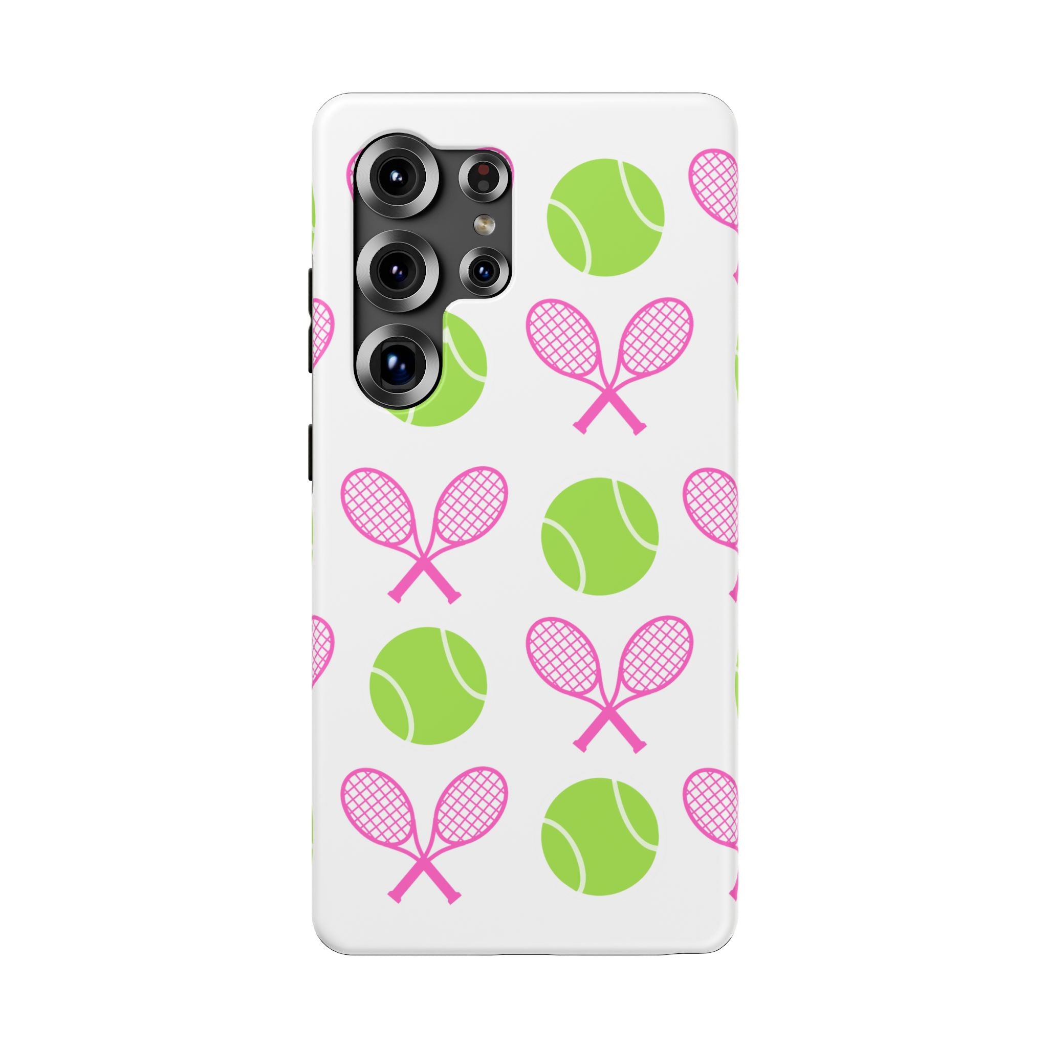 Tennis Pattern Impact-Resistant Phone Case — Pink Rackets & Green Balls