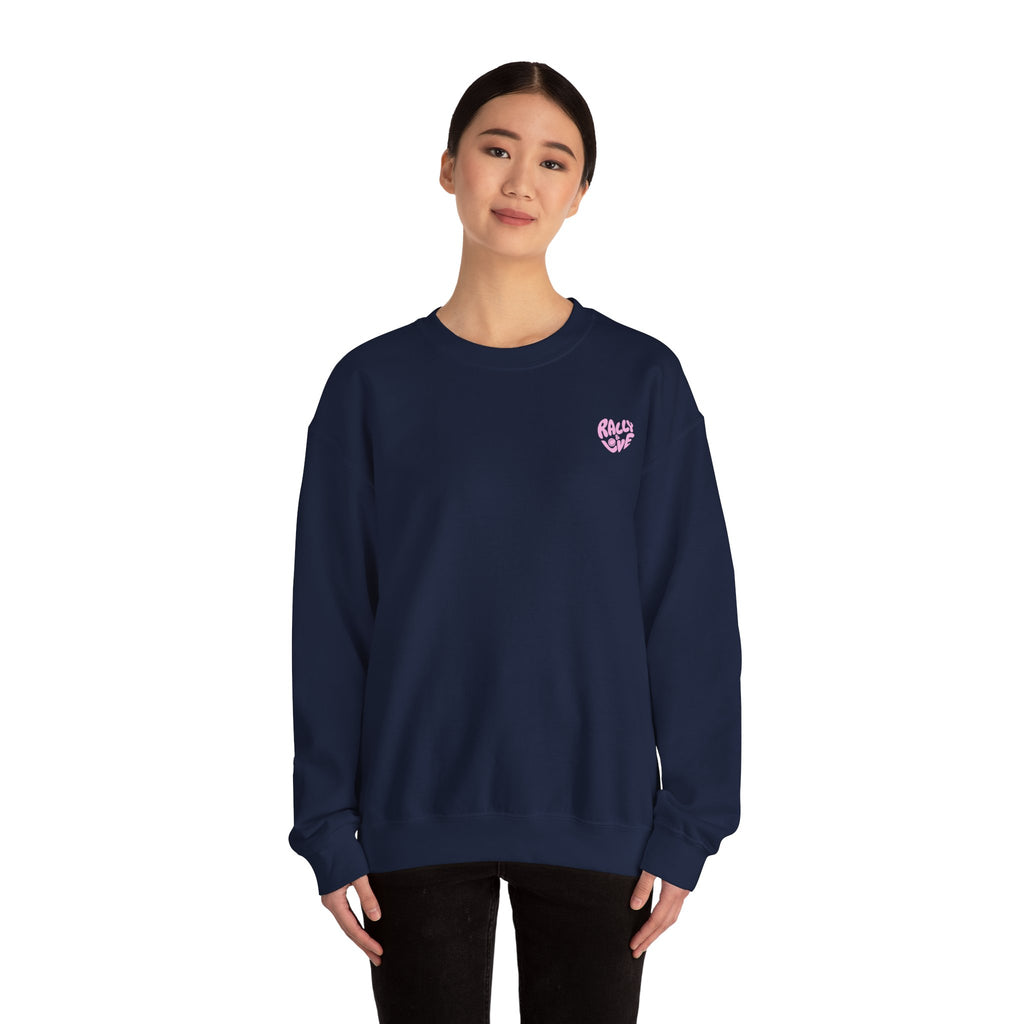 Women's Crewneck Sweatshirt — "Rally & Love" logo Chest Sweatshirt (bubblegum pink)